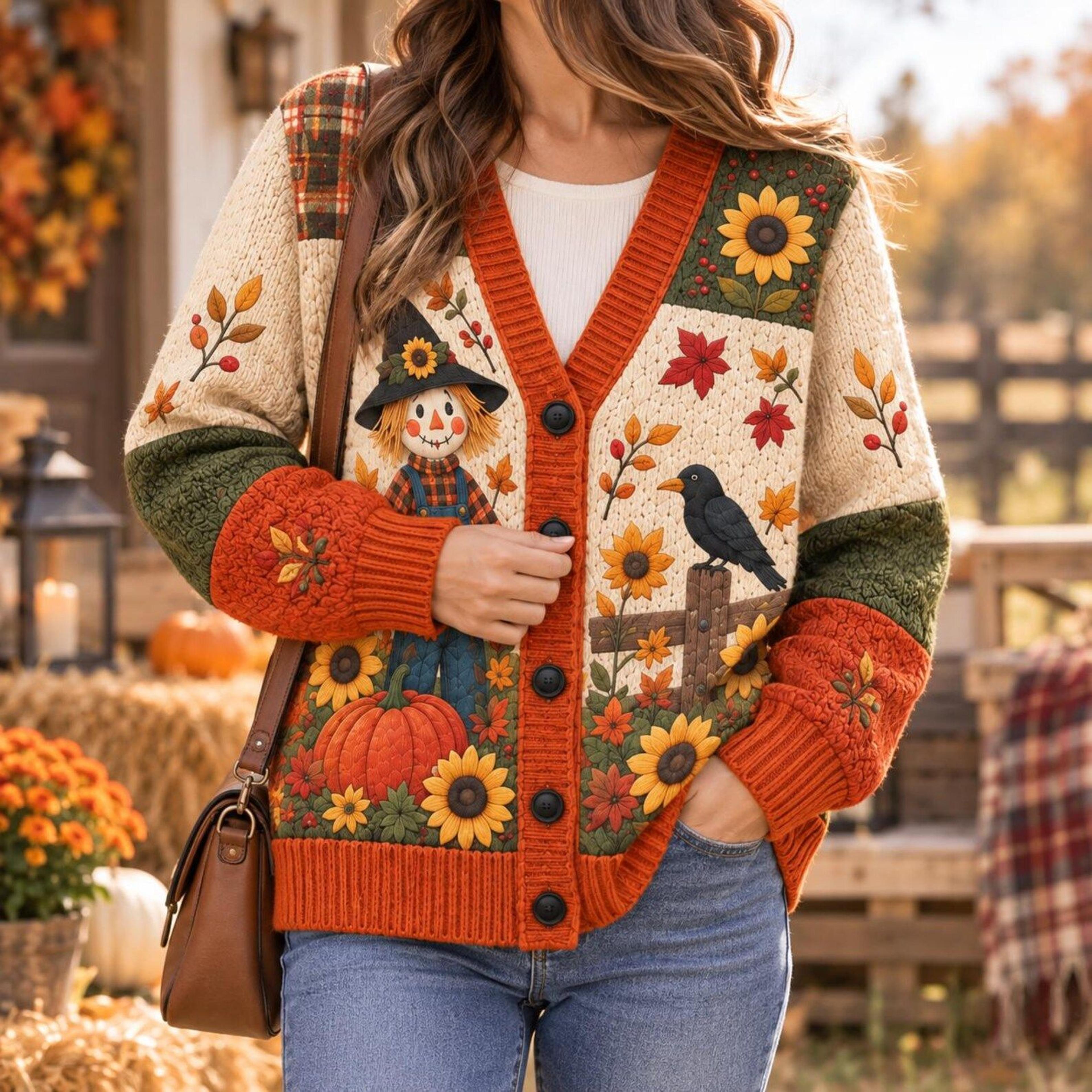 scarecrow pumpkin unisex cardigan, fall printed sweater, sunflower autumn outfit, thanksgiving harvest gift