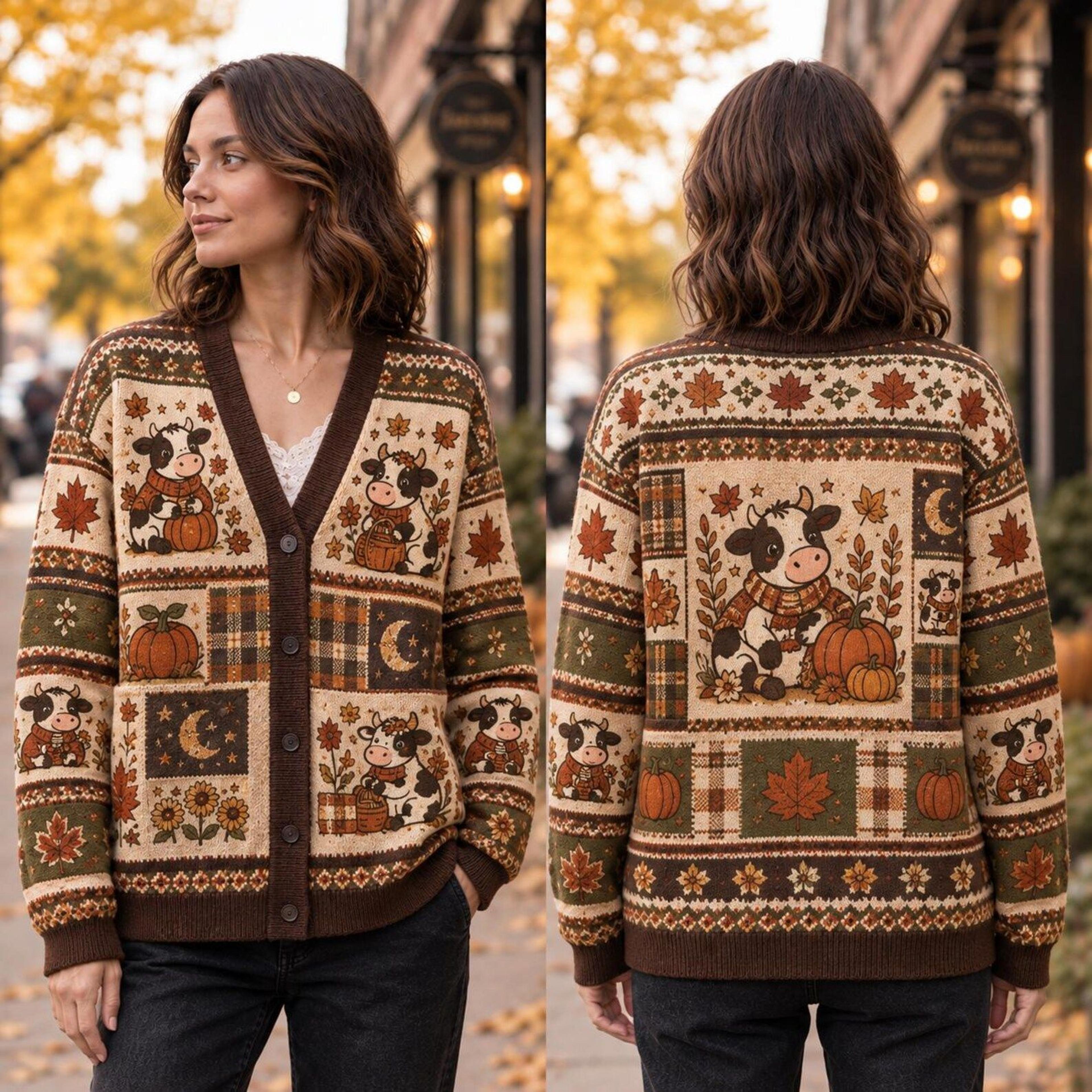 highland cow pumpkin unisex cardigan, fall printed sweater, autumn maple leaf outfit, farm animal thanksgiving gift