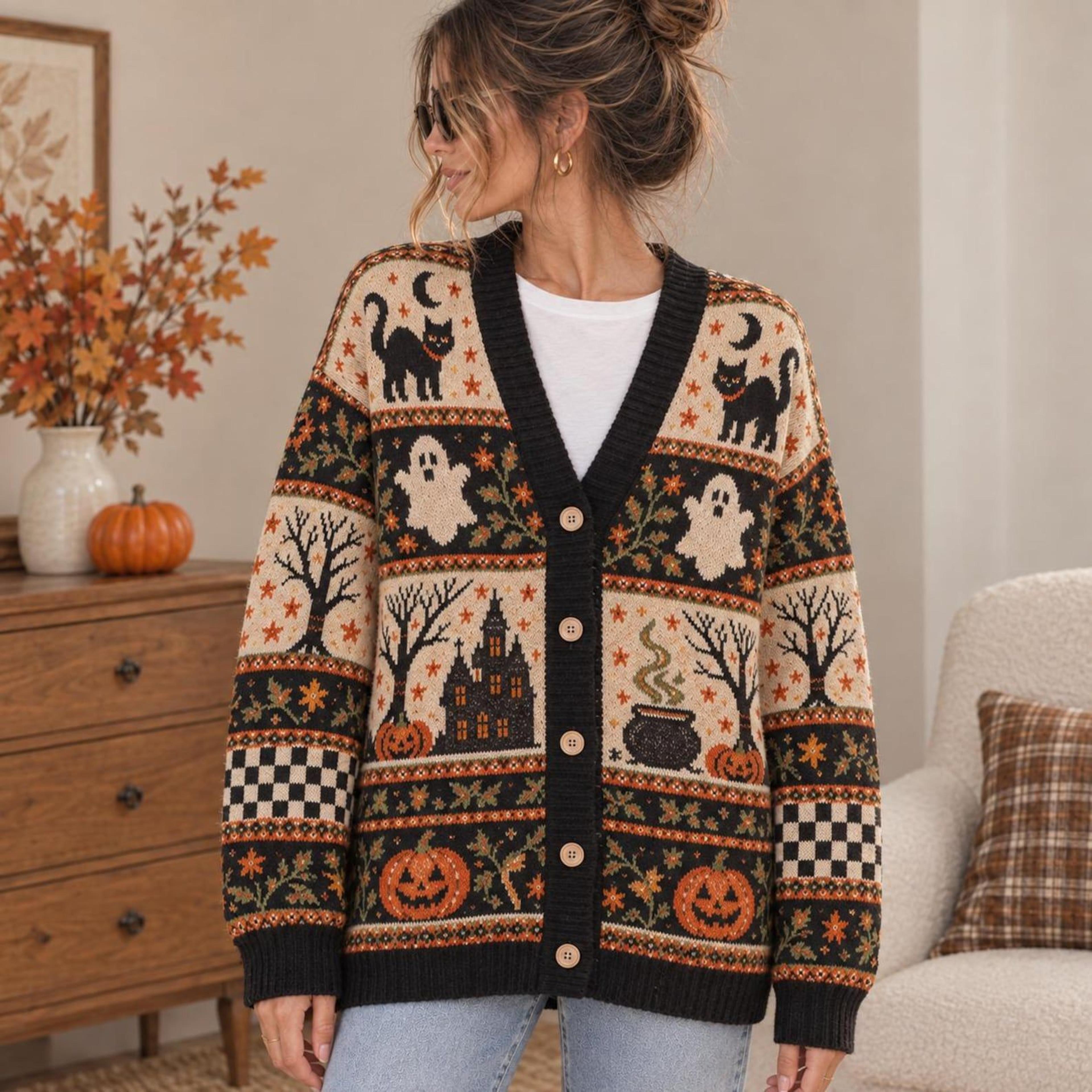 halloween black cat ghost pumpkin unisex cardigan, spooky printed sweater, haunted house fall outfit, witchy gift