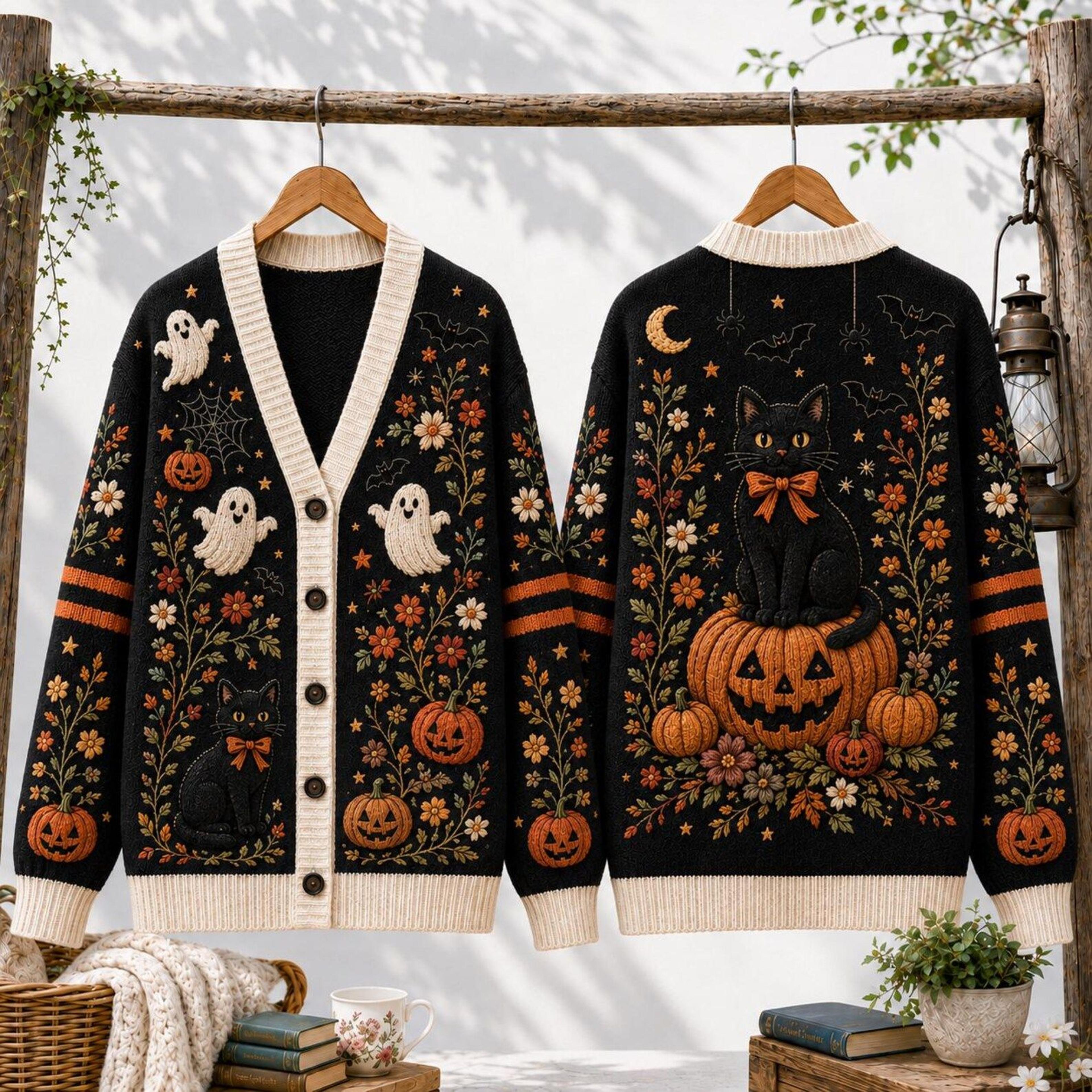 black cat halloween unisex cardigan, ghost pumpkin printed sweater, spooky fall outfit, witchy cat lover gift