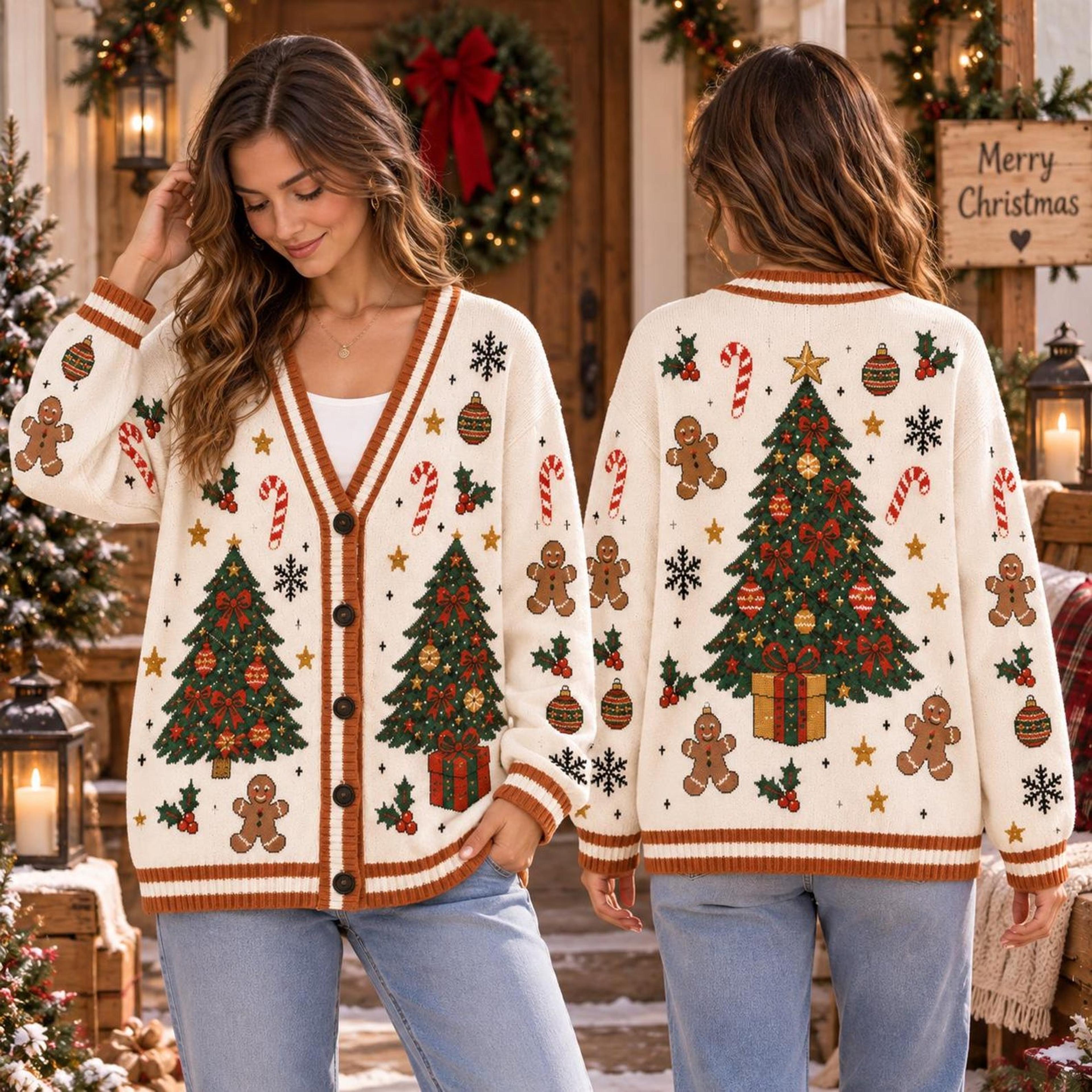 christmas tree gingerbread unisex cardigan, holiday printed sweater, candy cane winter outfit, festive christmas gift