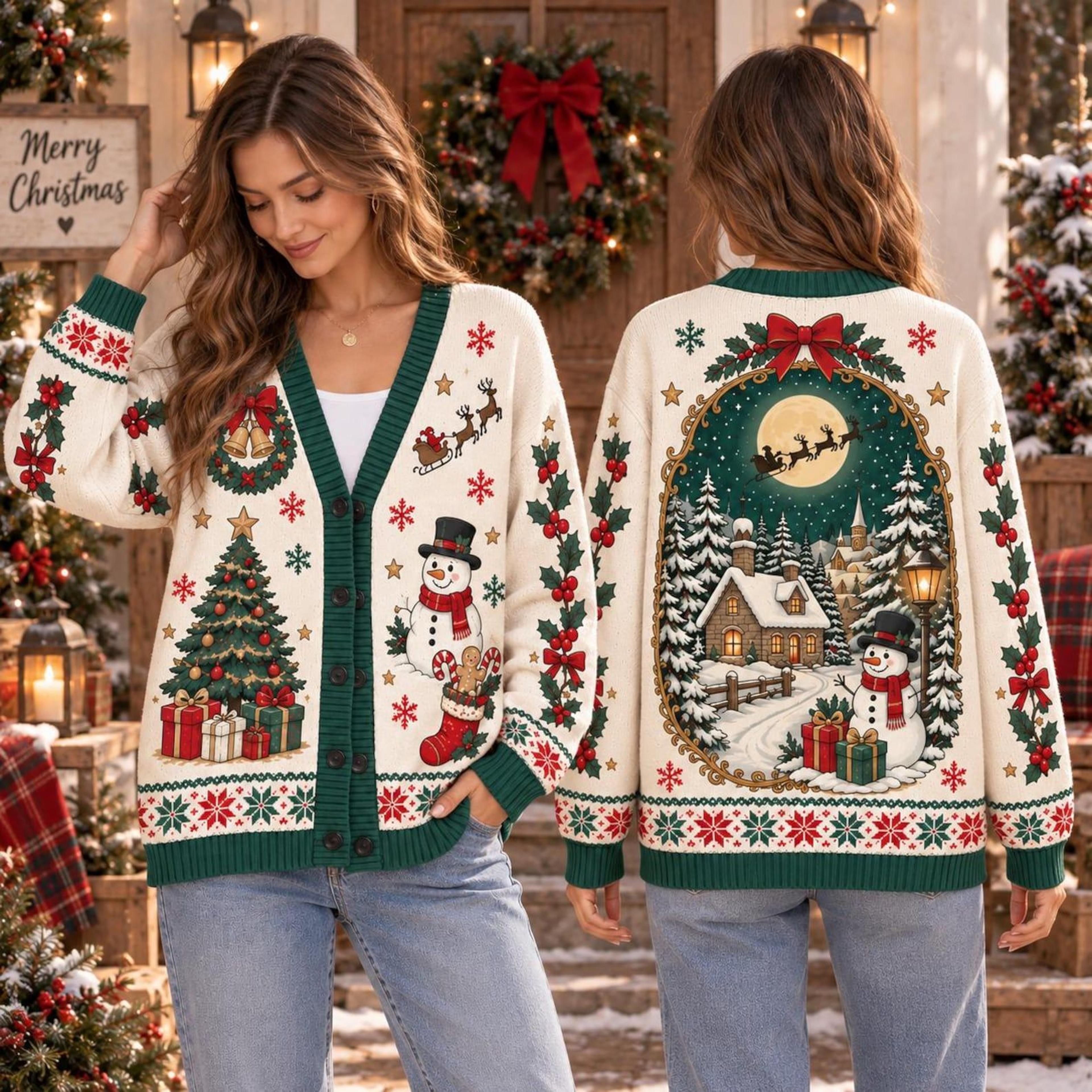 christmas snowman tree unisex cardigan, holly wreath printed sweater, santa sleigh winter outfit, holiday gift