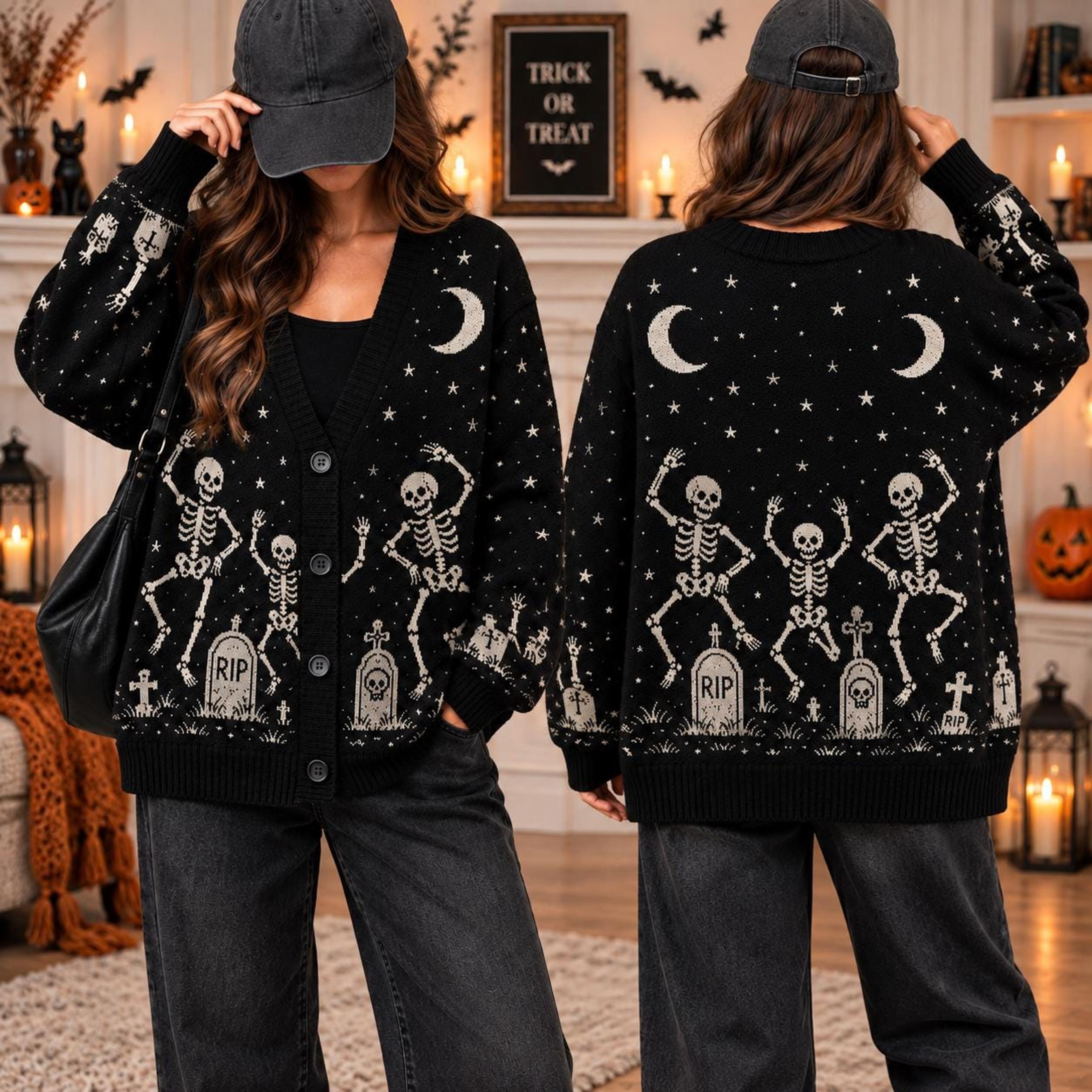 halloween skeleton unisex cardigan, dancing skeleton printed sweater, gothic graveyard fall outfit, spooky gift