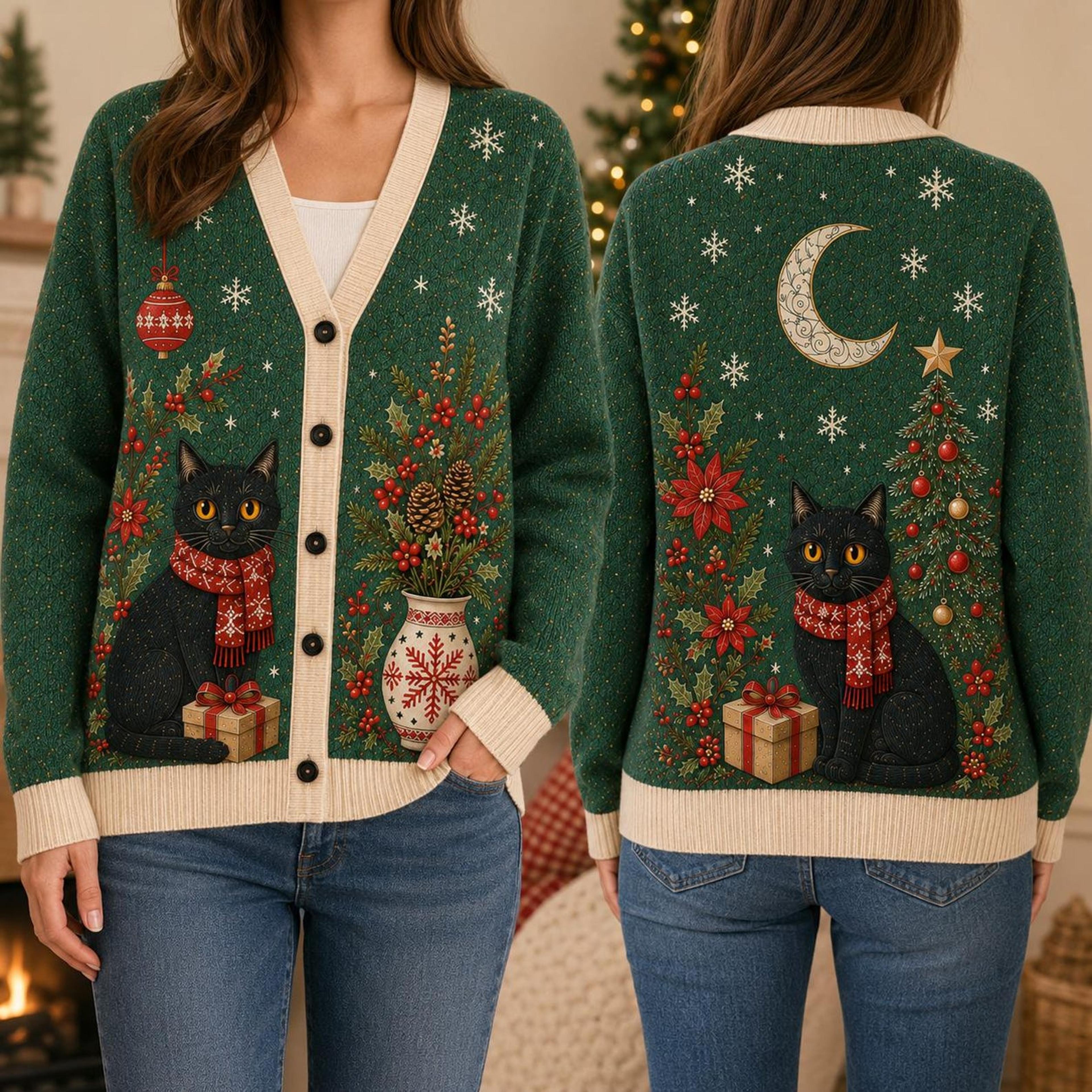 christmas black cat unisex cardigan, holiday printed sweater, botanical cat winter outfit, cozy christmas gift