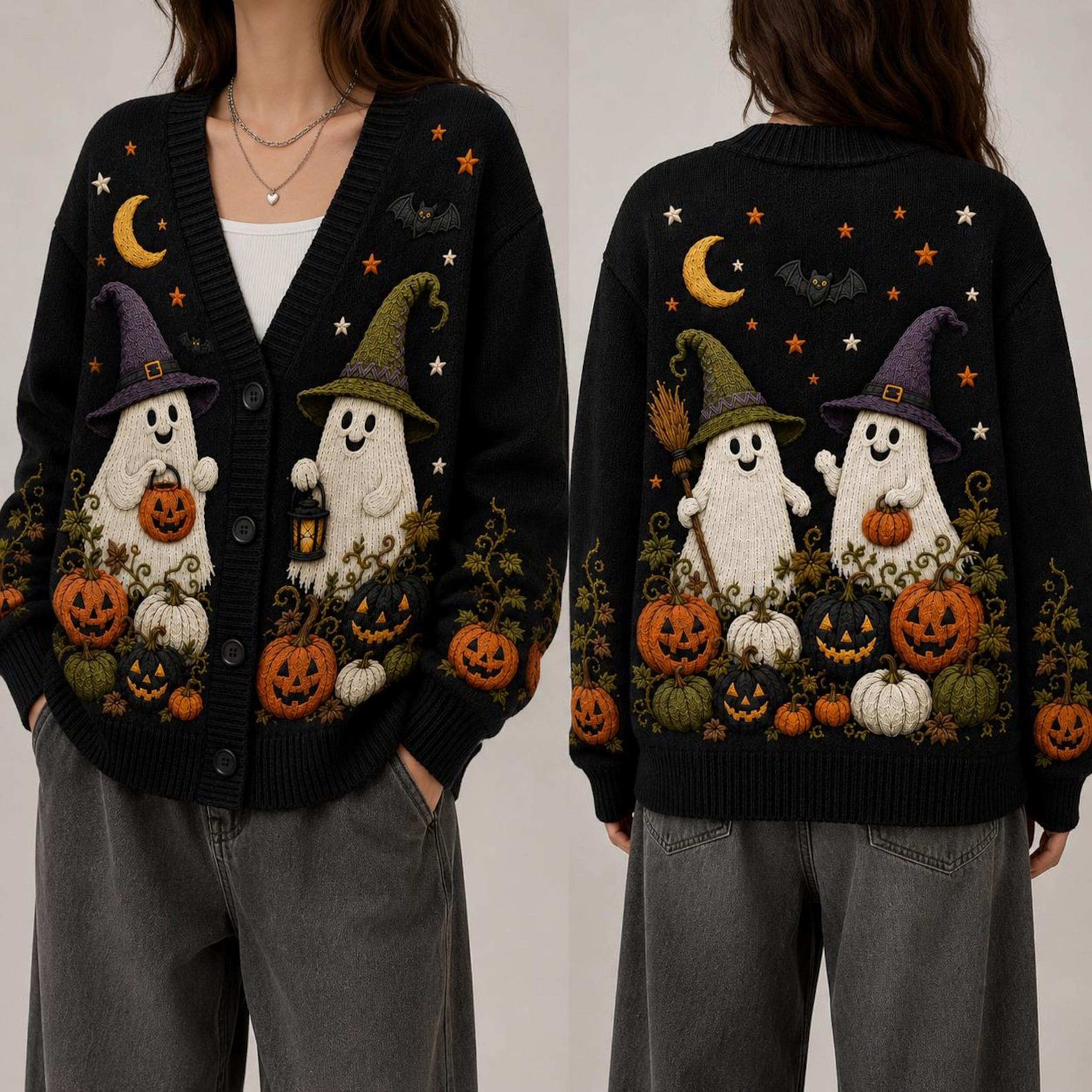 halloween ghost witch hat unisex cardigan, spooky pumpkin printed sweater, fall gothic outfit, cute halloween gift