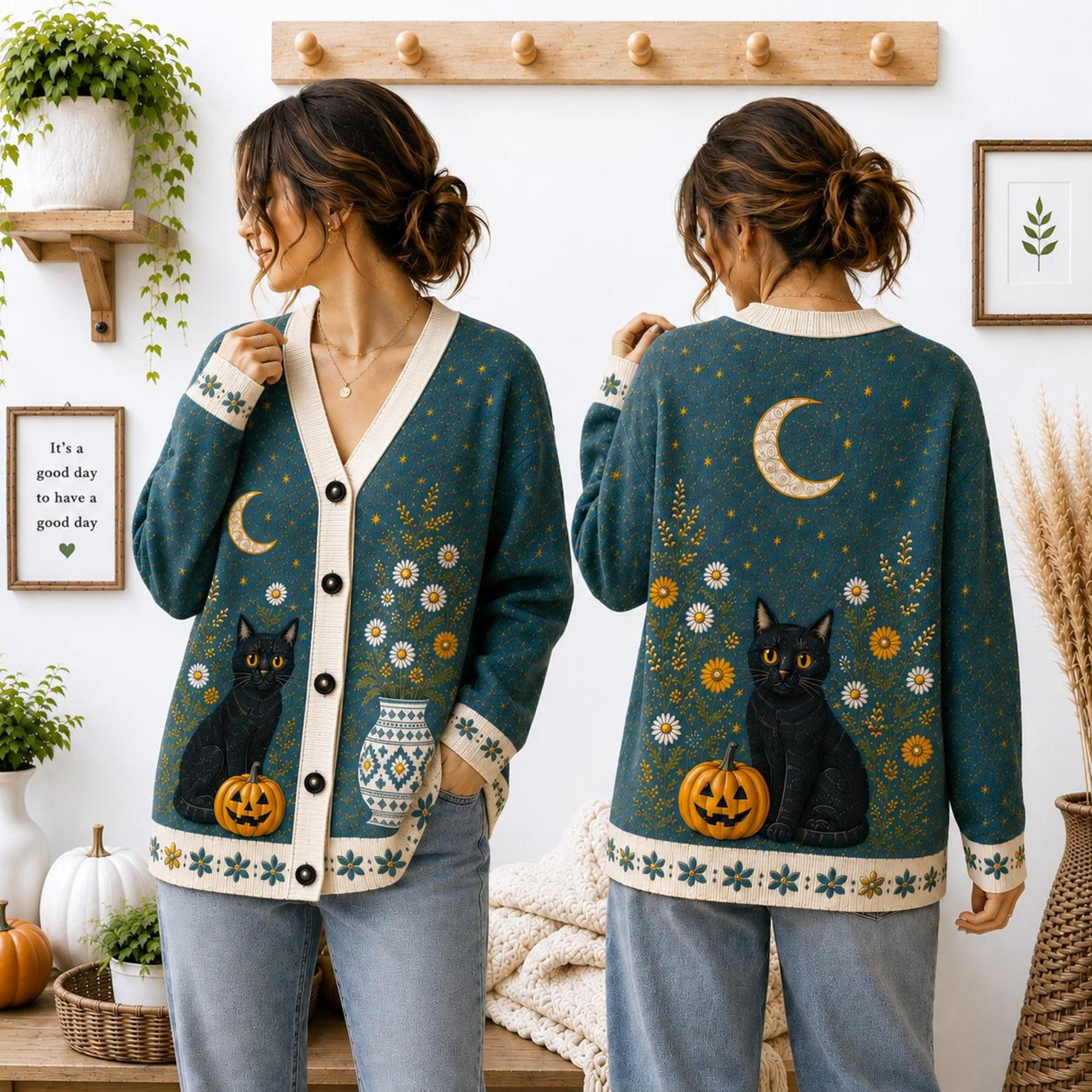 black cat halloween pumpkin unisex cardigan, spooky printed sweater, floral moon fall outfit, witchy cat lover gift