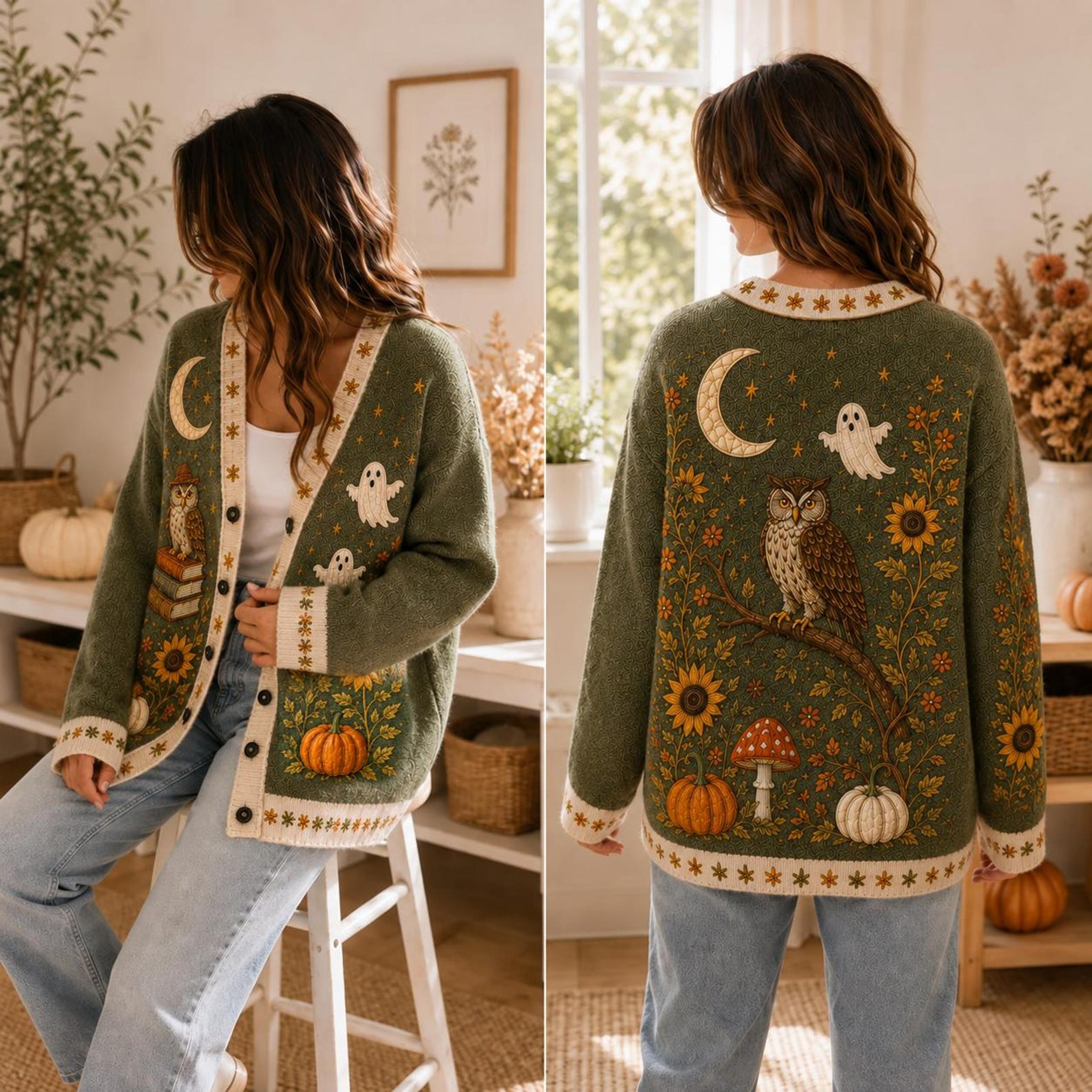 owl ghost pumpkin unisex cardigan, halloween printed sweater, moon sunflower fall outfit, cottagecore autumn gift