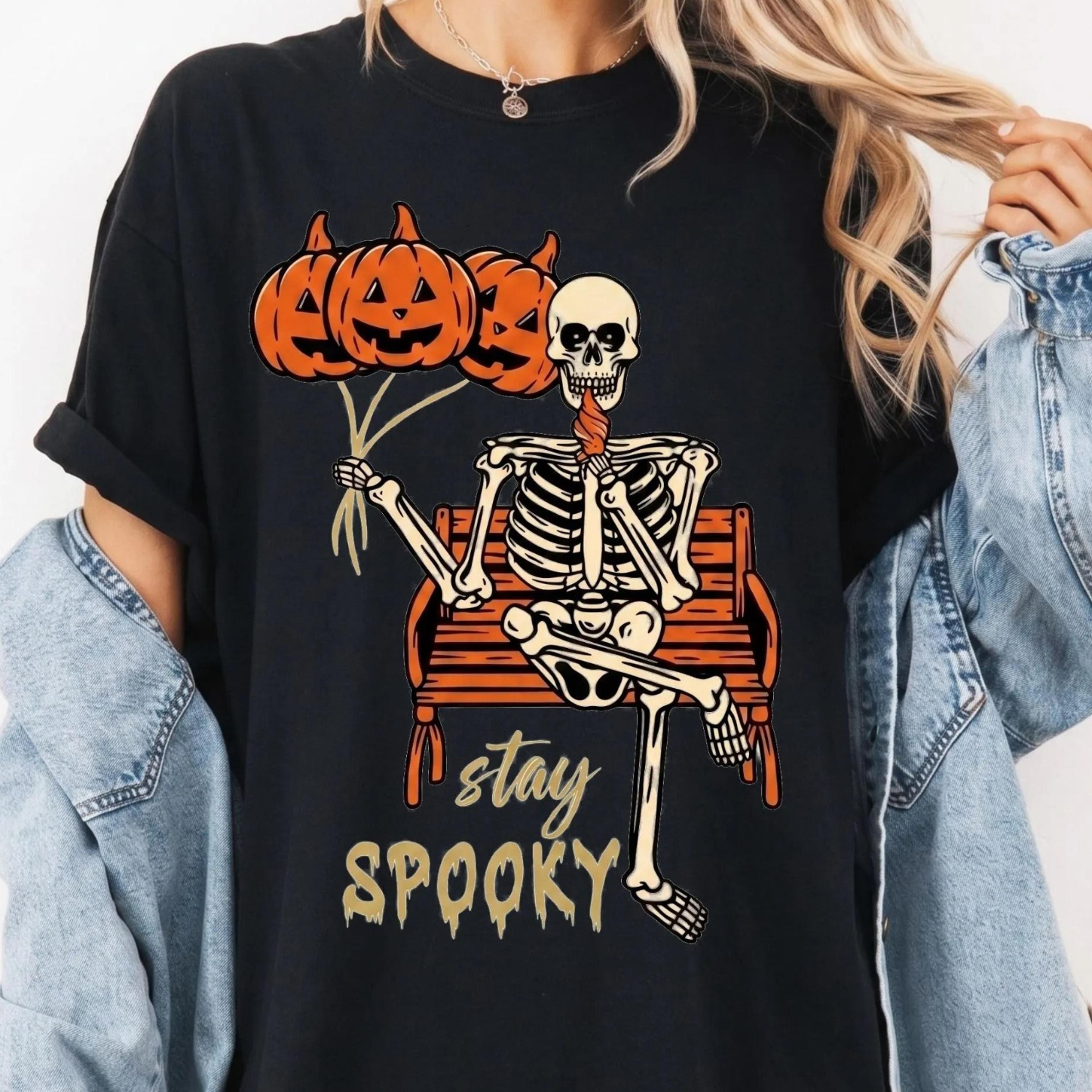 stay spooky skeleton shirt, funny halloween skeleton tee, pumpkin balloon shirt, fall halloween graphic tee