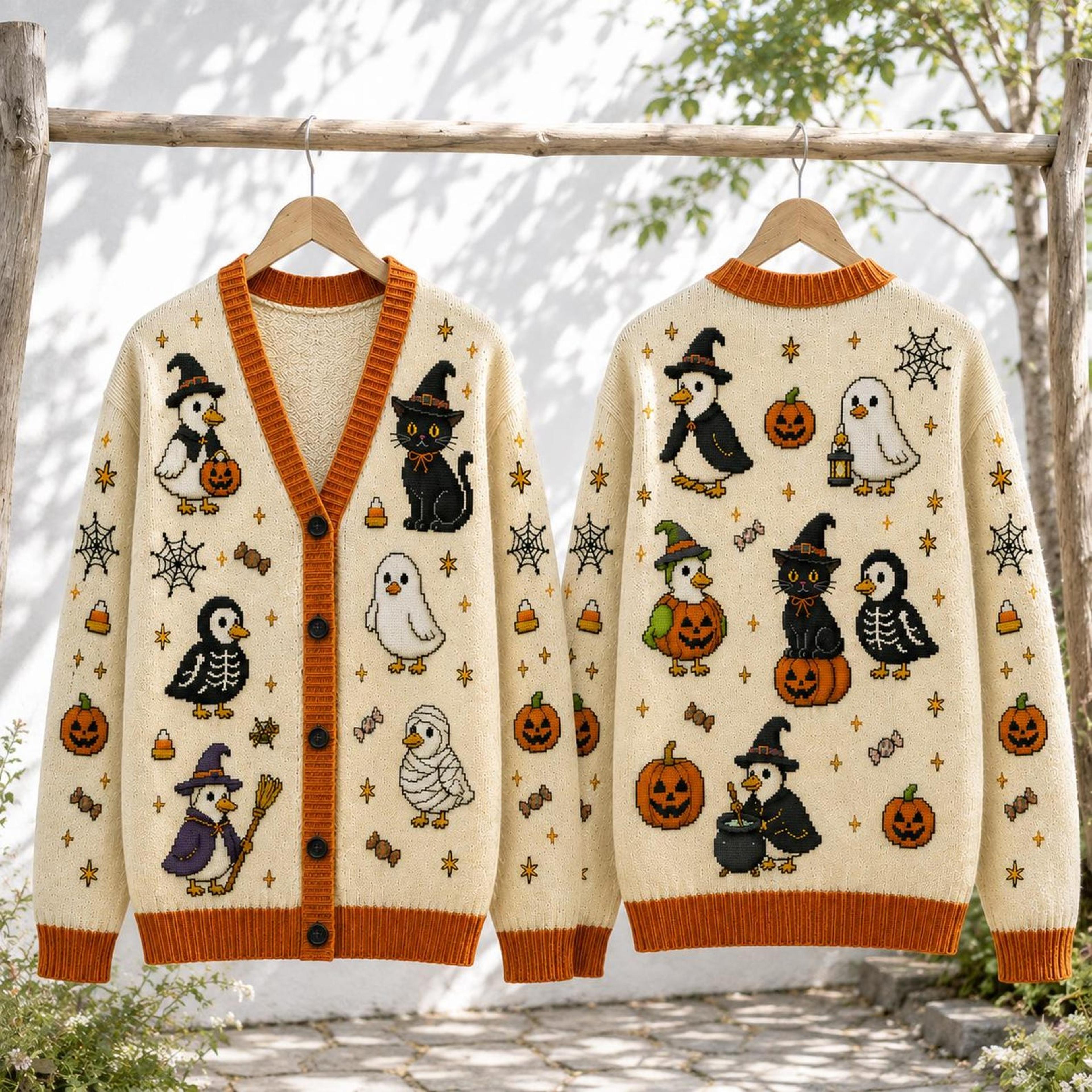 vintage halloween duck unisex cardigan, witch ghost pumpkin printed sweater, spooky fall outfit, cozy autumn gift