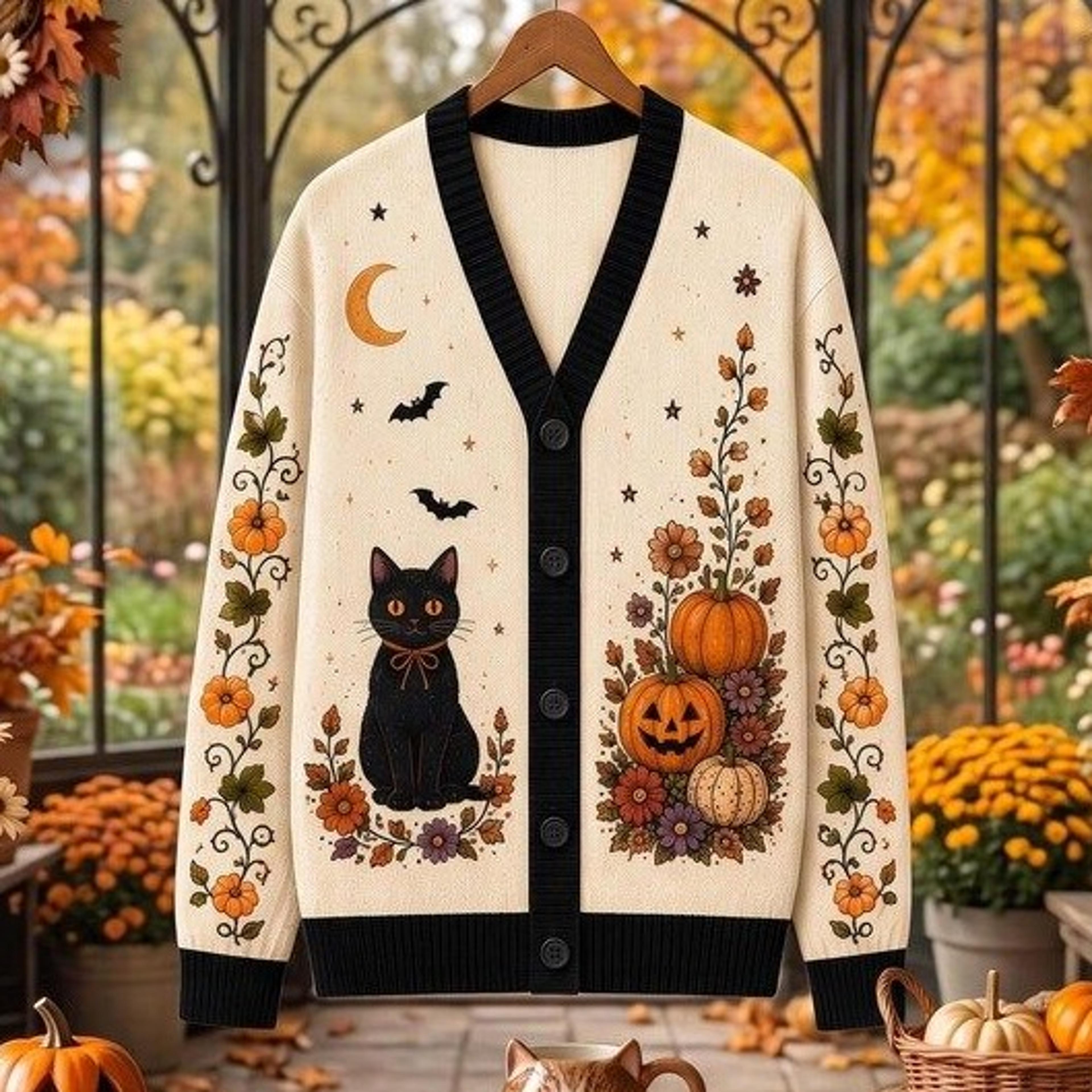 black cat halloween unisex cardigan, pumpkin floral printed sweater, spooky fall outfit, gothic cat lover gift