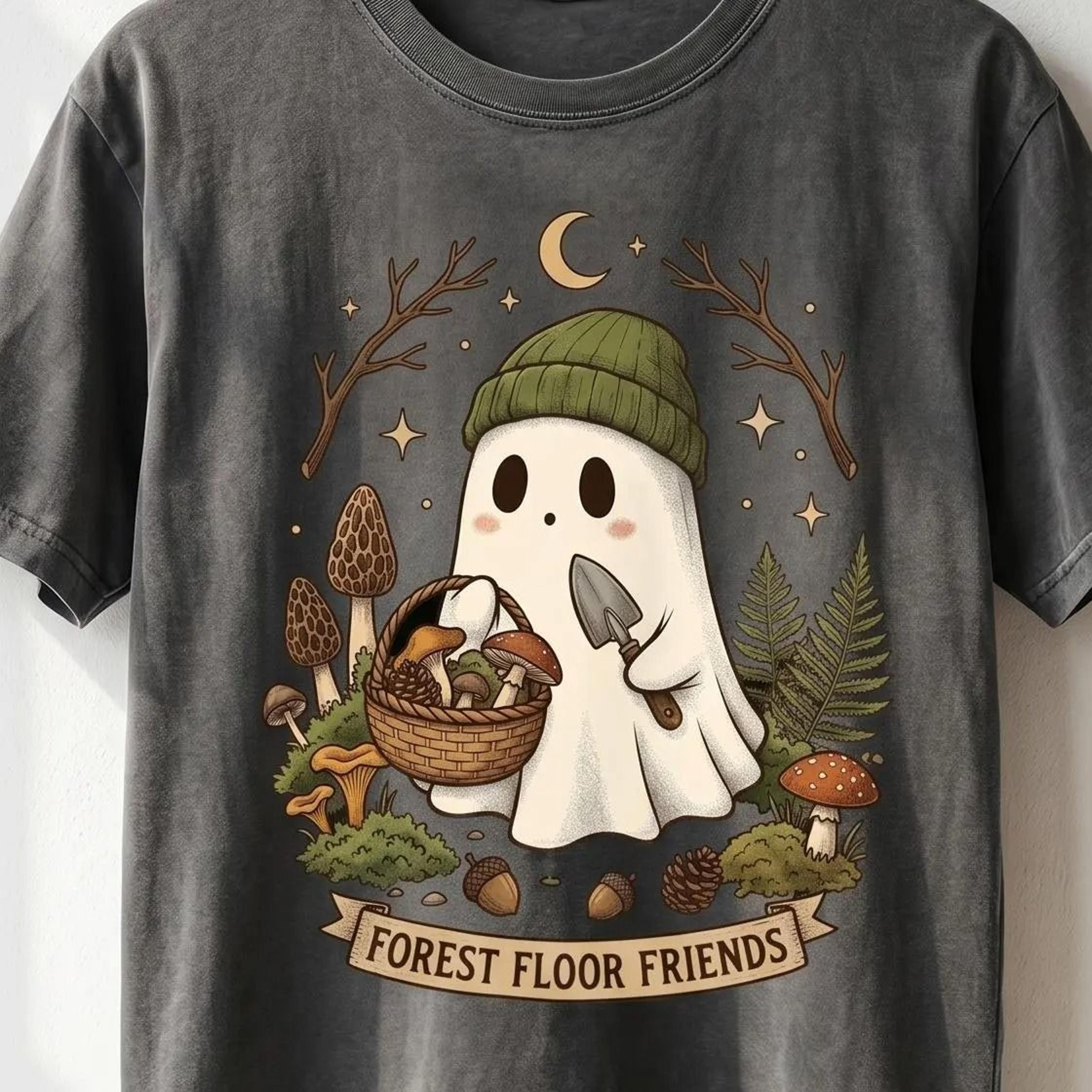 ghost mushroom shirt, cottagecore forest floor friends tee, whimsical nature graphic noah james