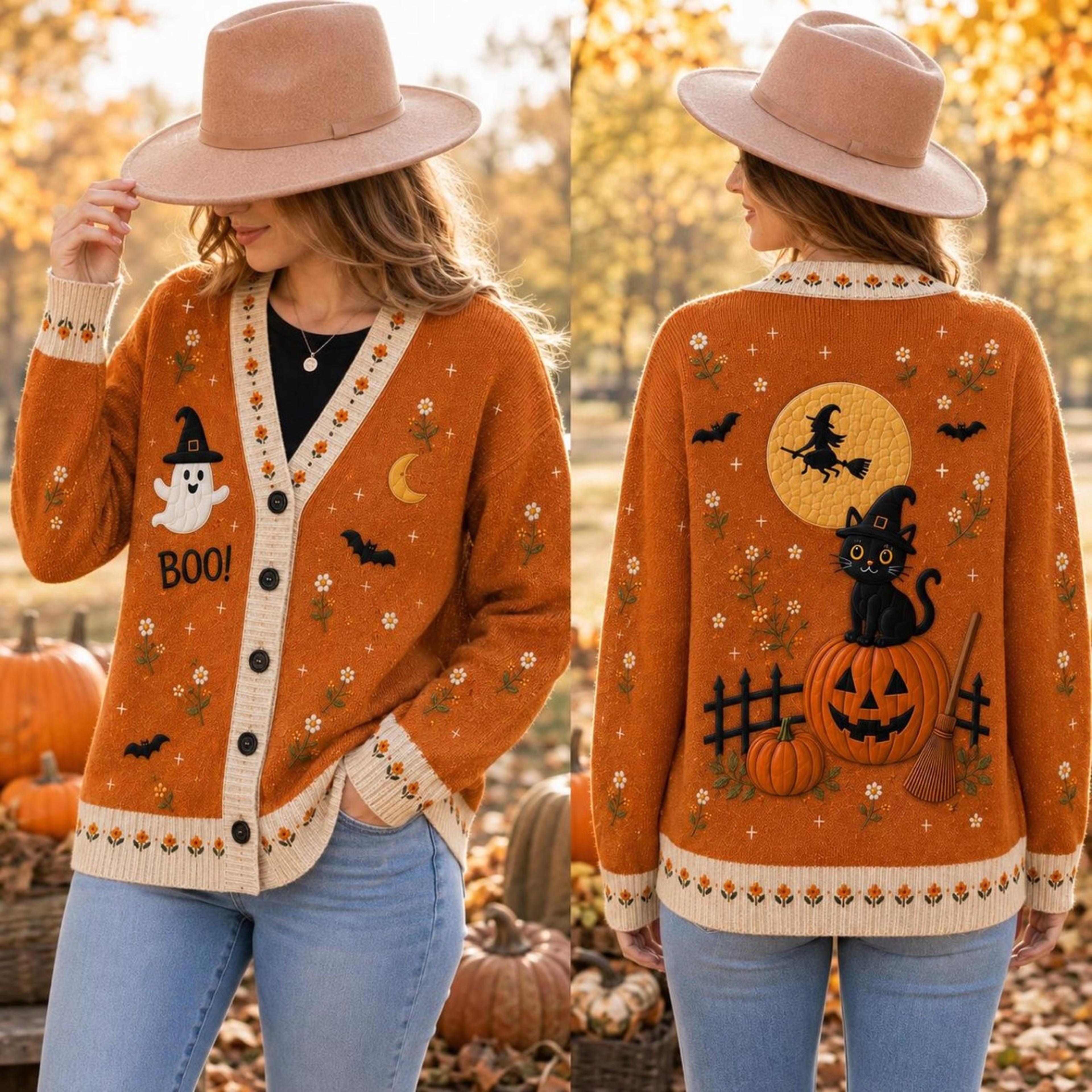 ghost black cat pumpkin unisex cardigan, halloween printed sweater, witchy moon floral fall outfit, spooky cat gift