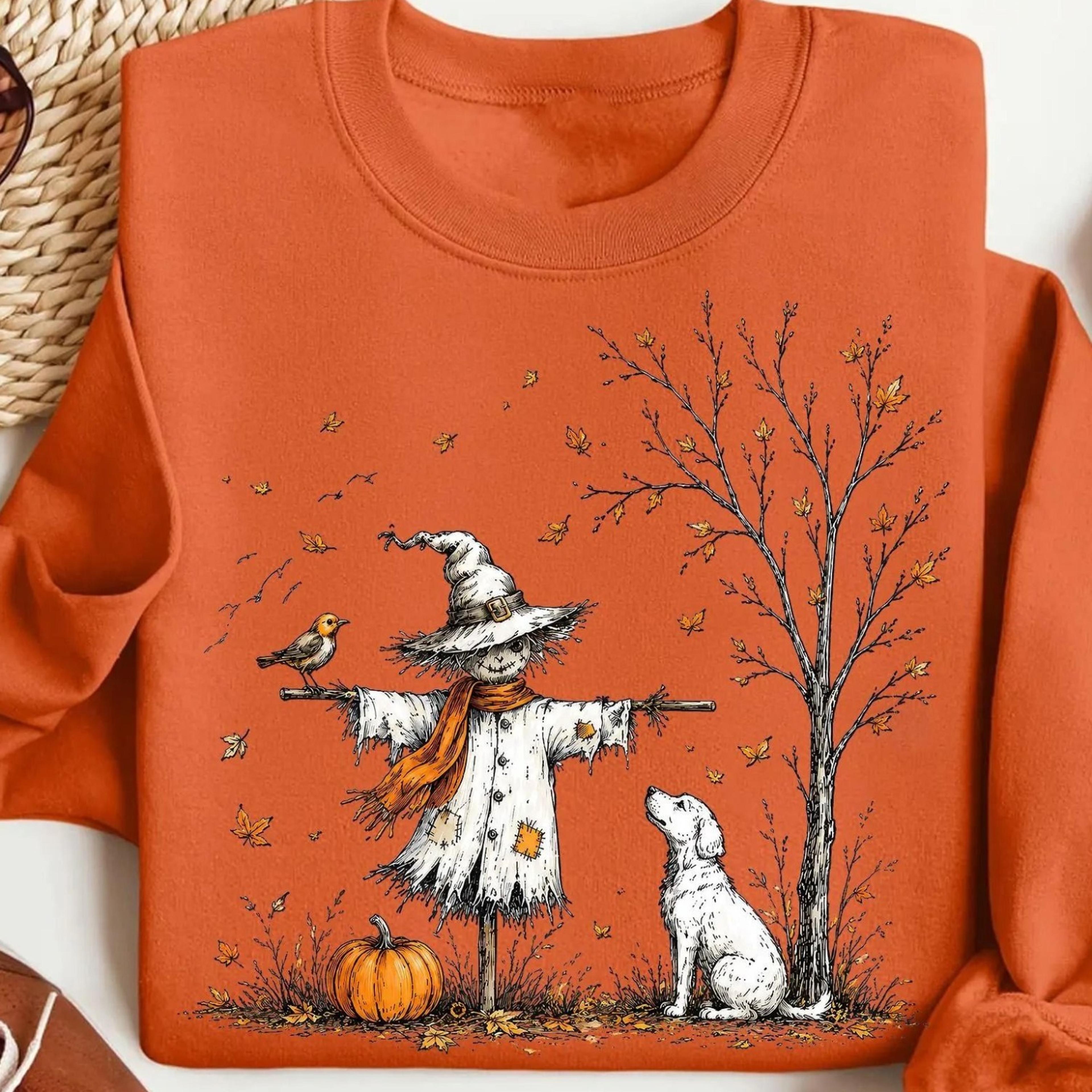 scarecrow dog pumpkin shirt, minimalist cottagecore halloween autumn graphic tee
