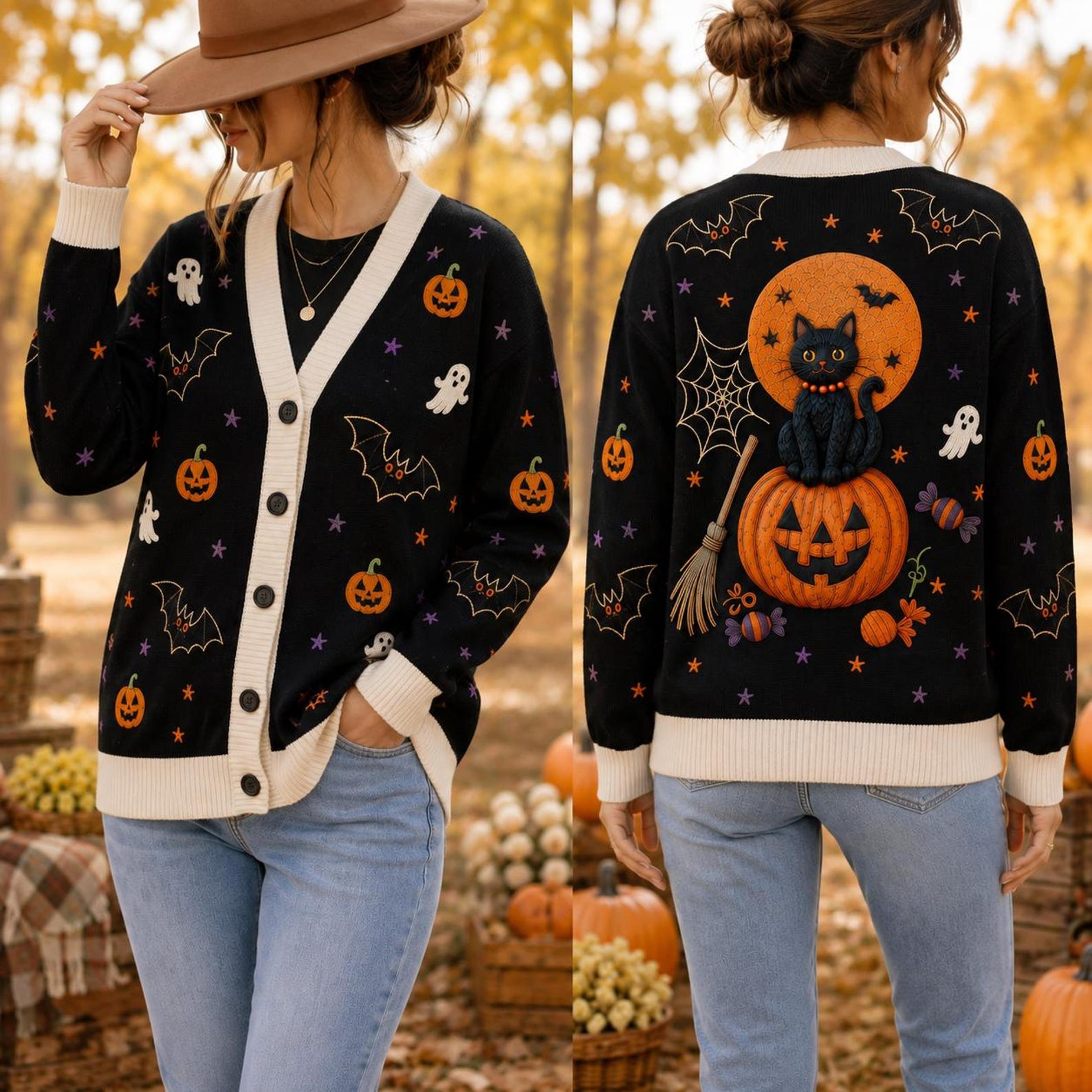 black cat pumpkin ghost bat unisex cardigan, halloween printed sweater, spooky witchy fall outfit, cat lover gift
