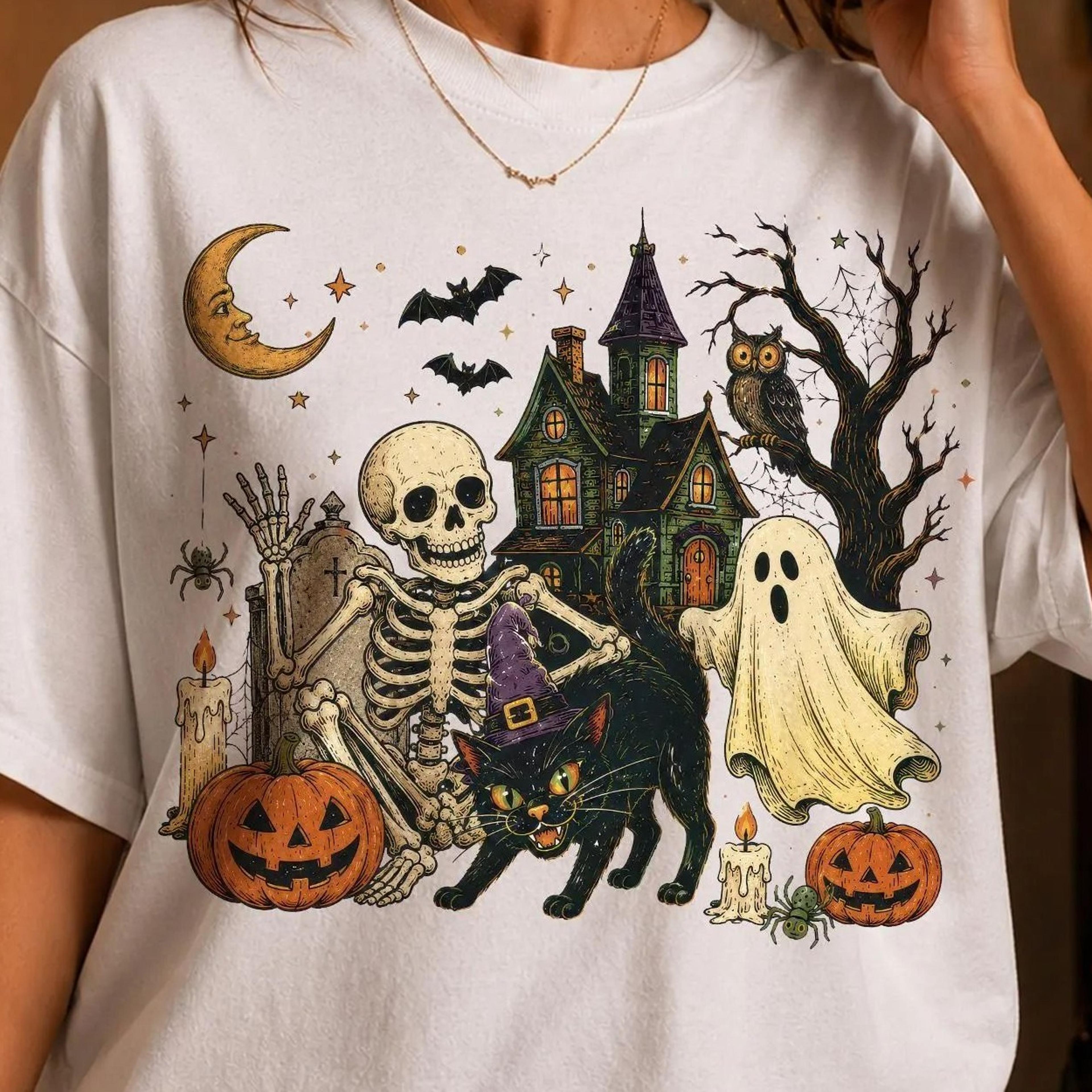 vintage halloween skeleton ghost shirt, haunted house black cat pumpkin graphic tee