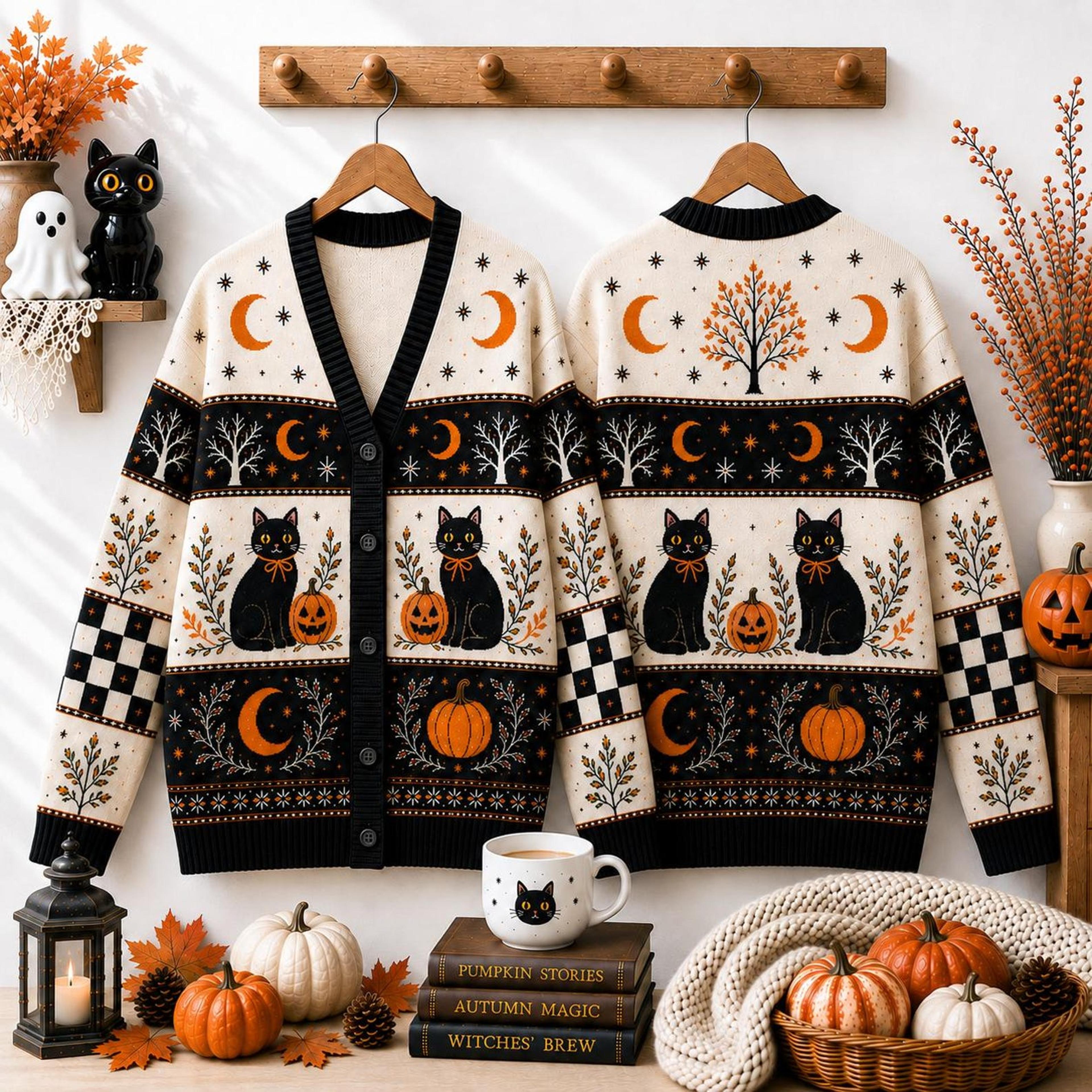black cat pumpkin moon unisex cardigan, halloween printed sweater, witchy fall outfit, spooky cat lover gift