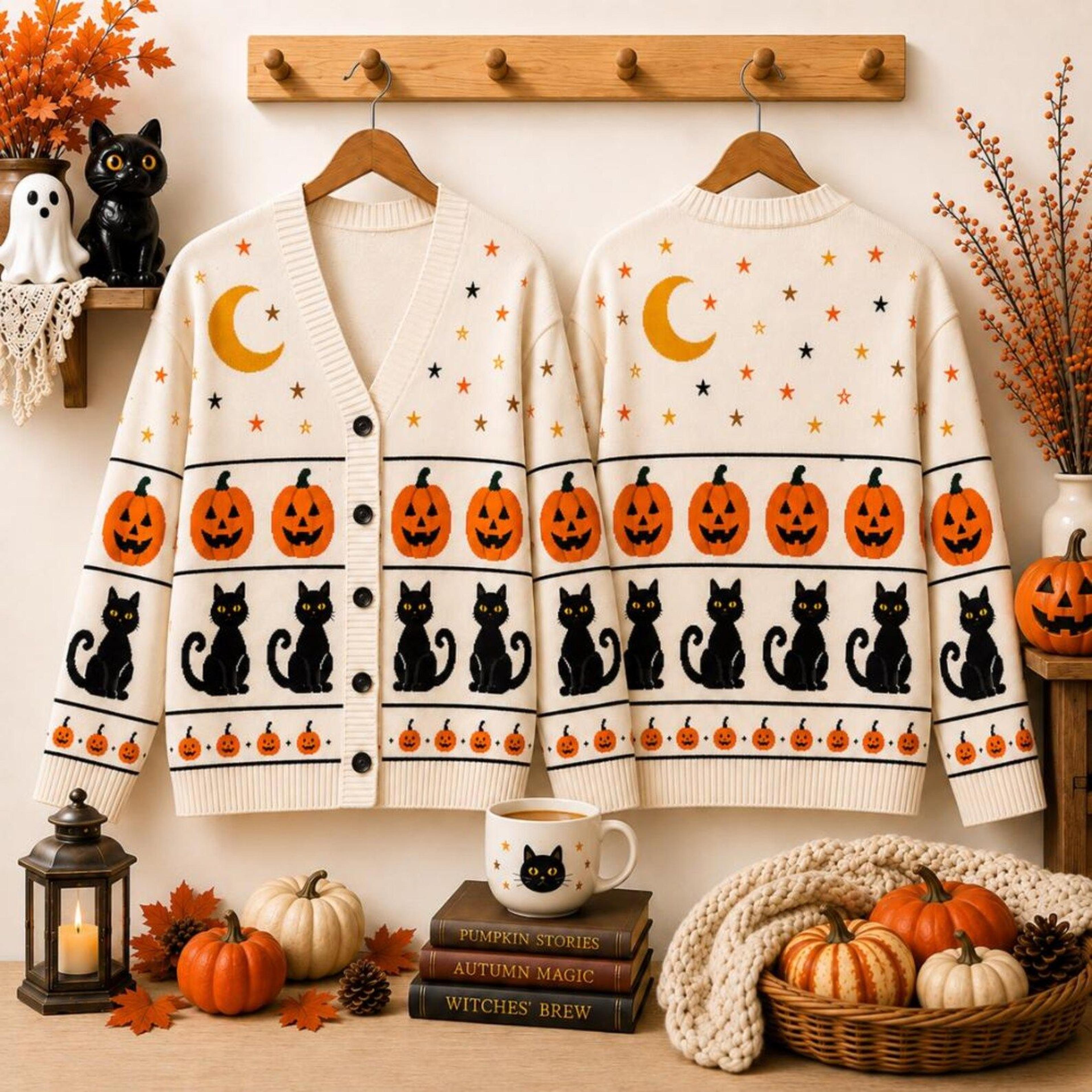 pumpkin black cat unisex cardigan, halloween printed sweater, crescent moon star fall outfit, spooky cat lover gift