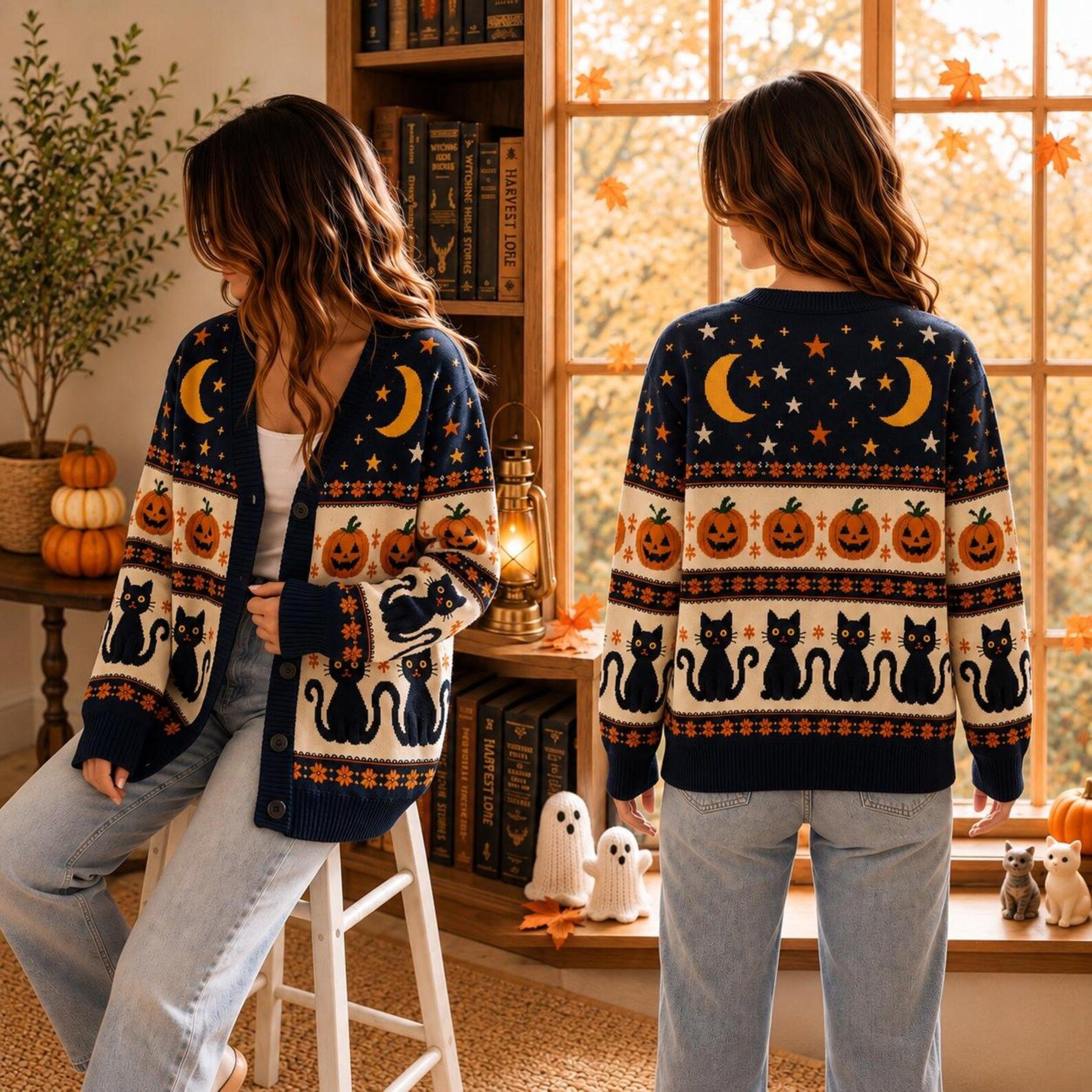 black cat pumpkin moon unisex cardigan, halloween printed sweater, jack o lantern fall outfit, spooky cat gift