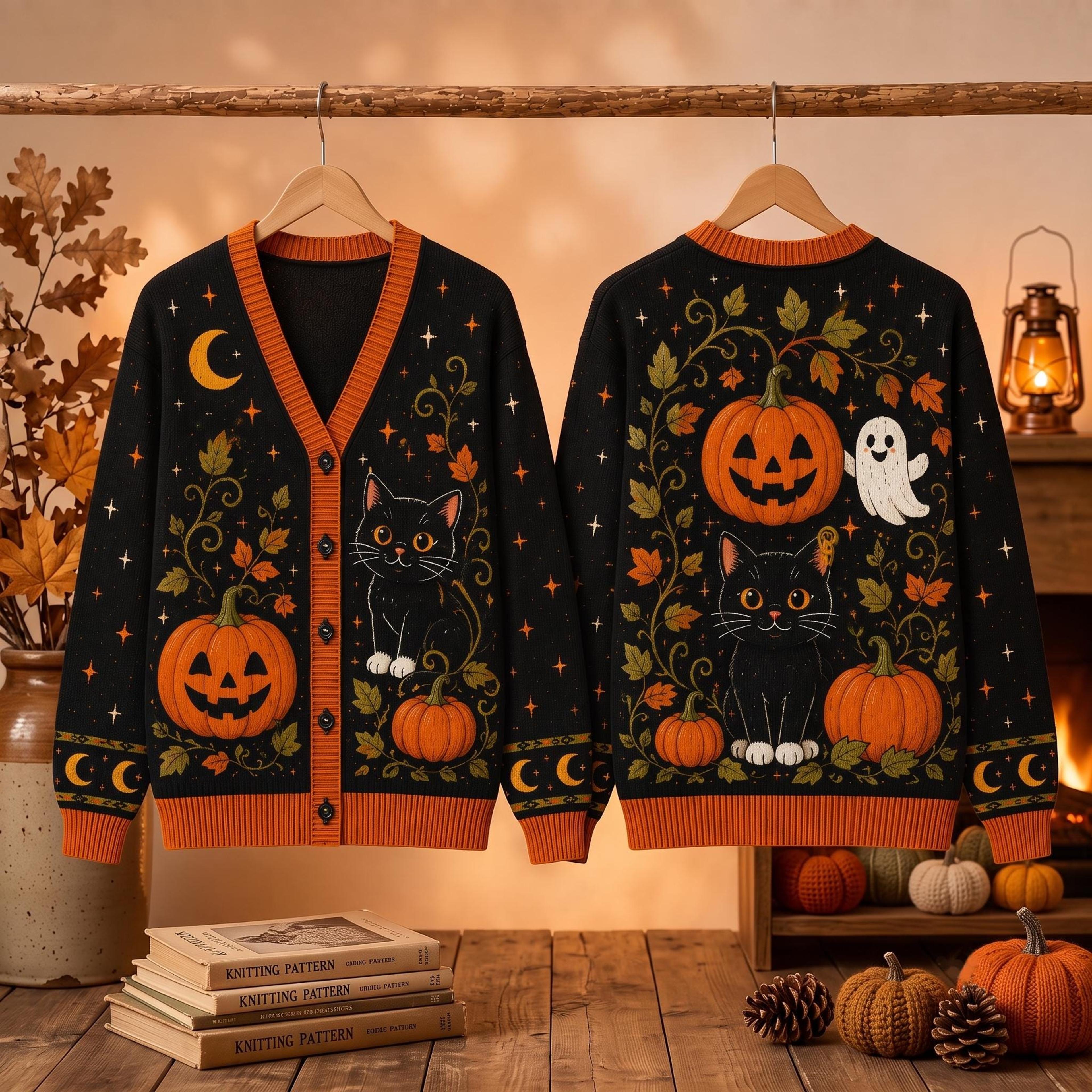 black cat pumpkin ghost unisex cardigan, halloween printed sweater, jack o lantern moon fall outfit, spooky cat gift