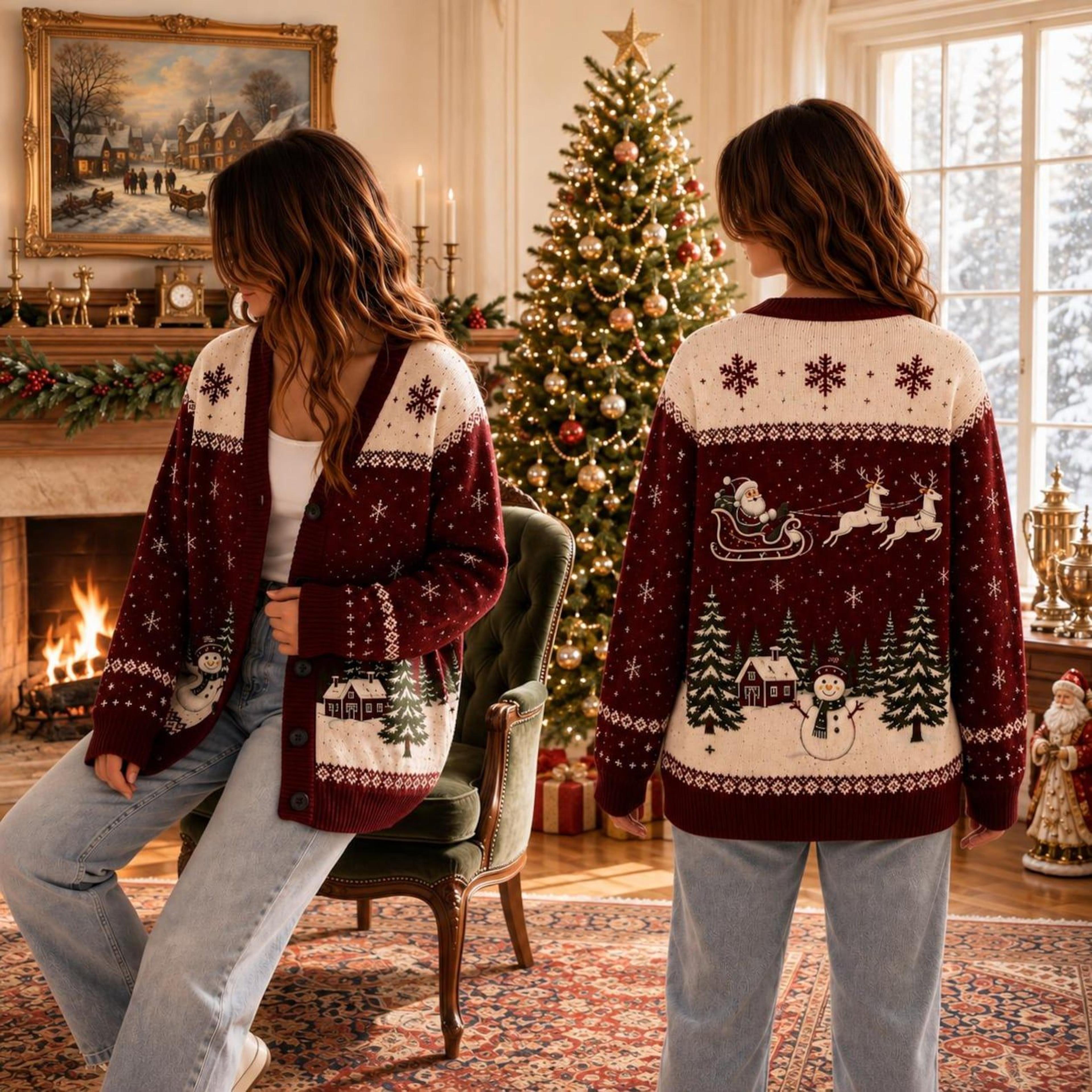 santa reindeer snowman unisex cardigan, christmas printed sweater, winter forest holiday outfit, cozy festive gift