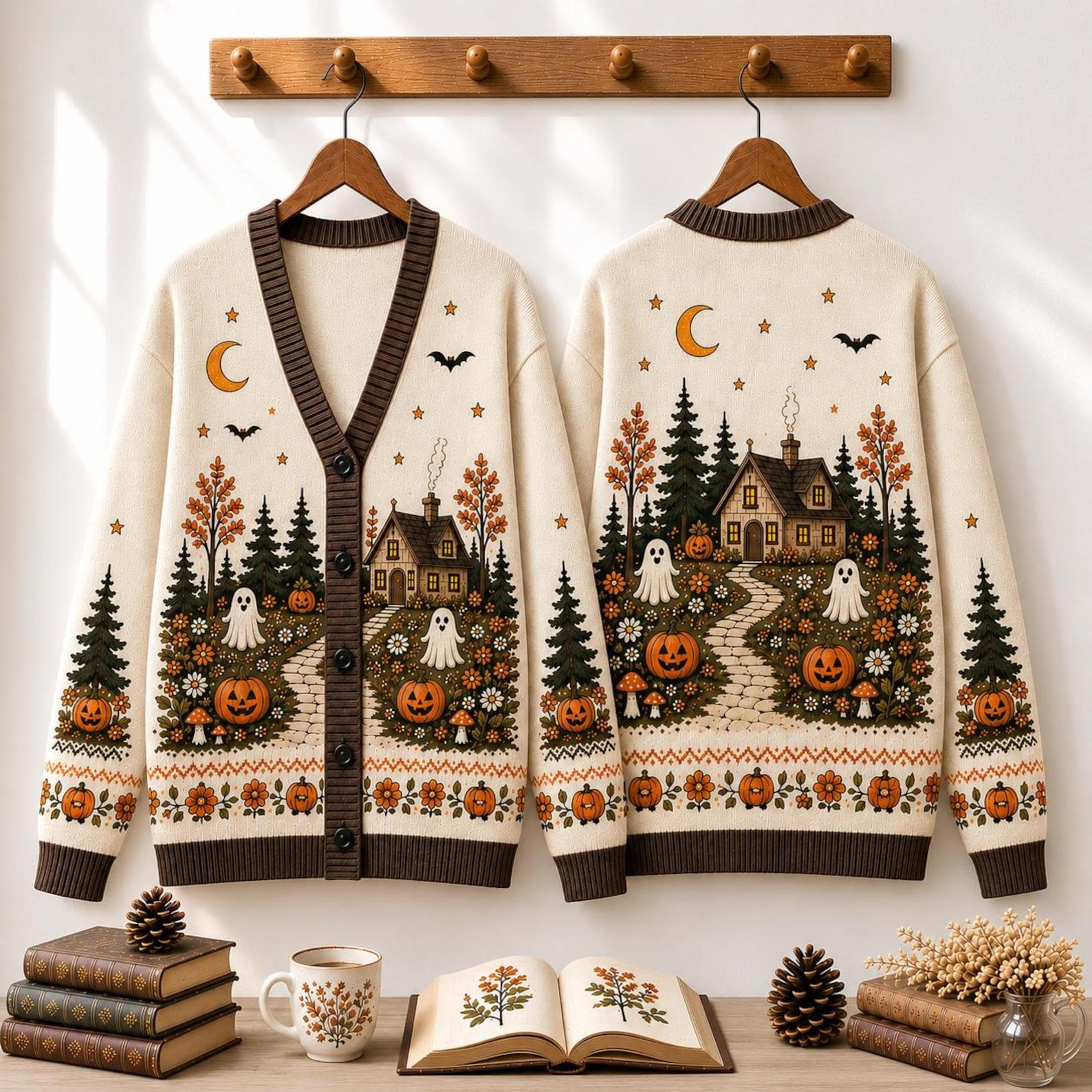 haunted cottage ghost pumpkin unisex cardigan, halloween printed sweater, moon bat woodland fall outfit, spooky gift