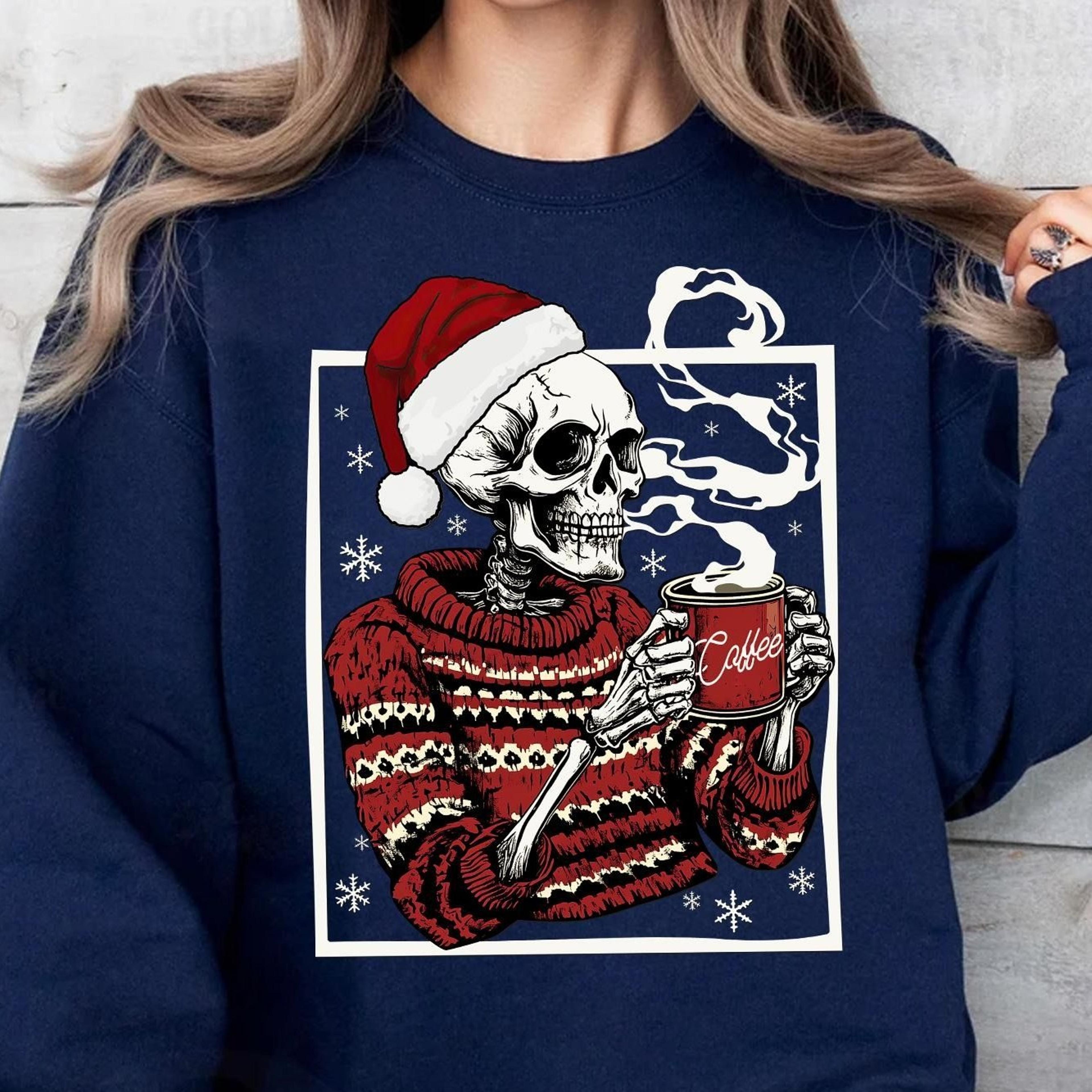 christmas skeleton coffee sweatshirt holiday vibes shirt coffee lover crewneck cozy winter pullover