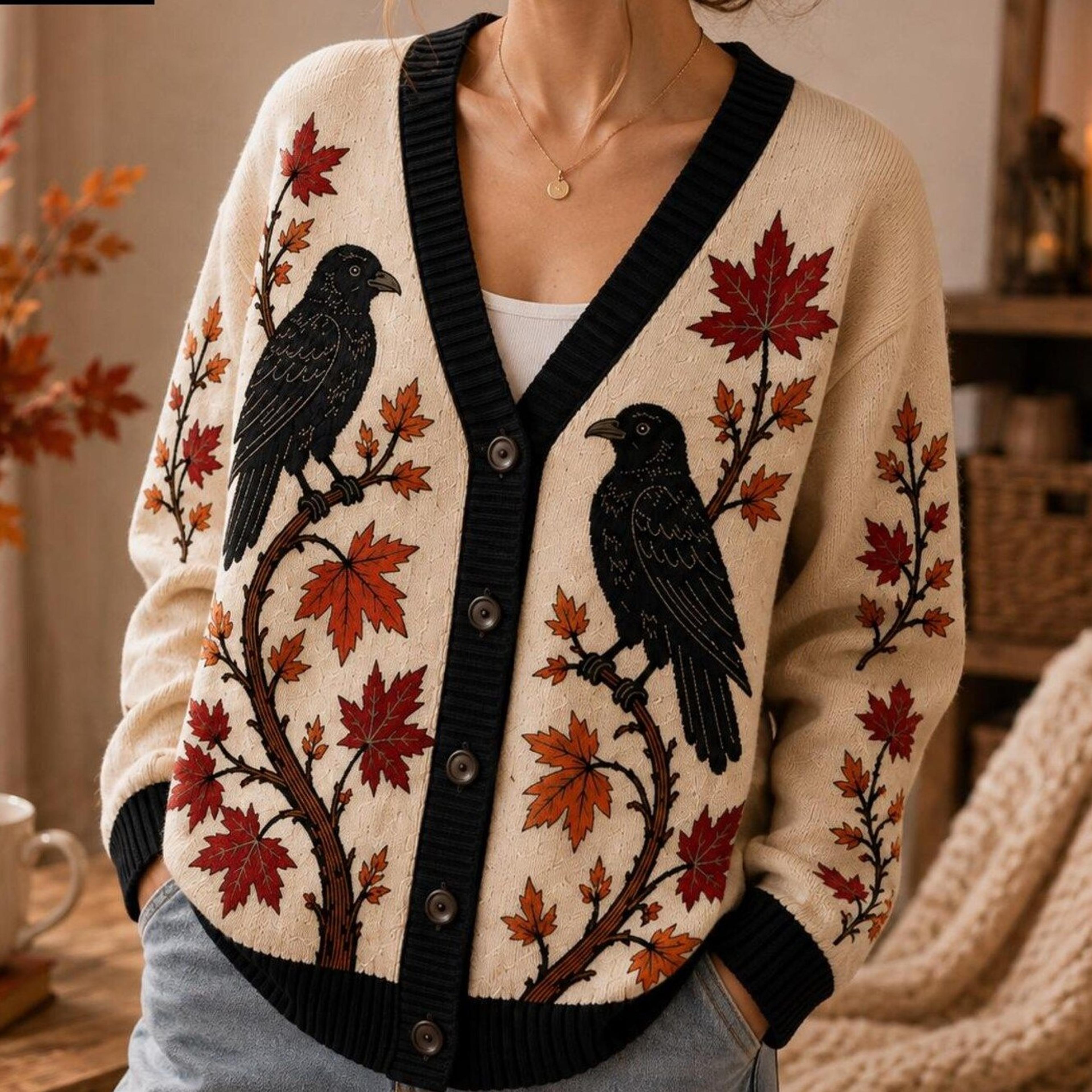gothic crow unisex cardigan, raven autumn printed sweater, maple leaf fall outfit, witchy dark academia gift