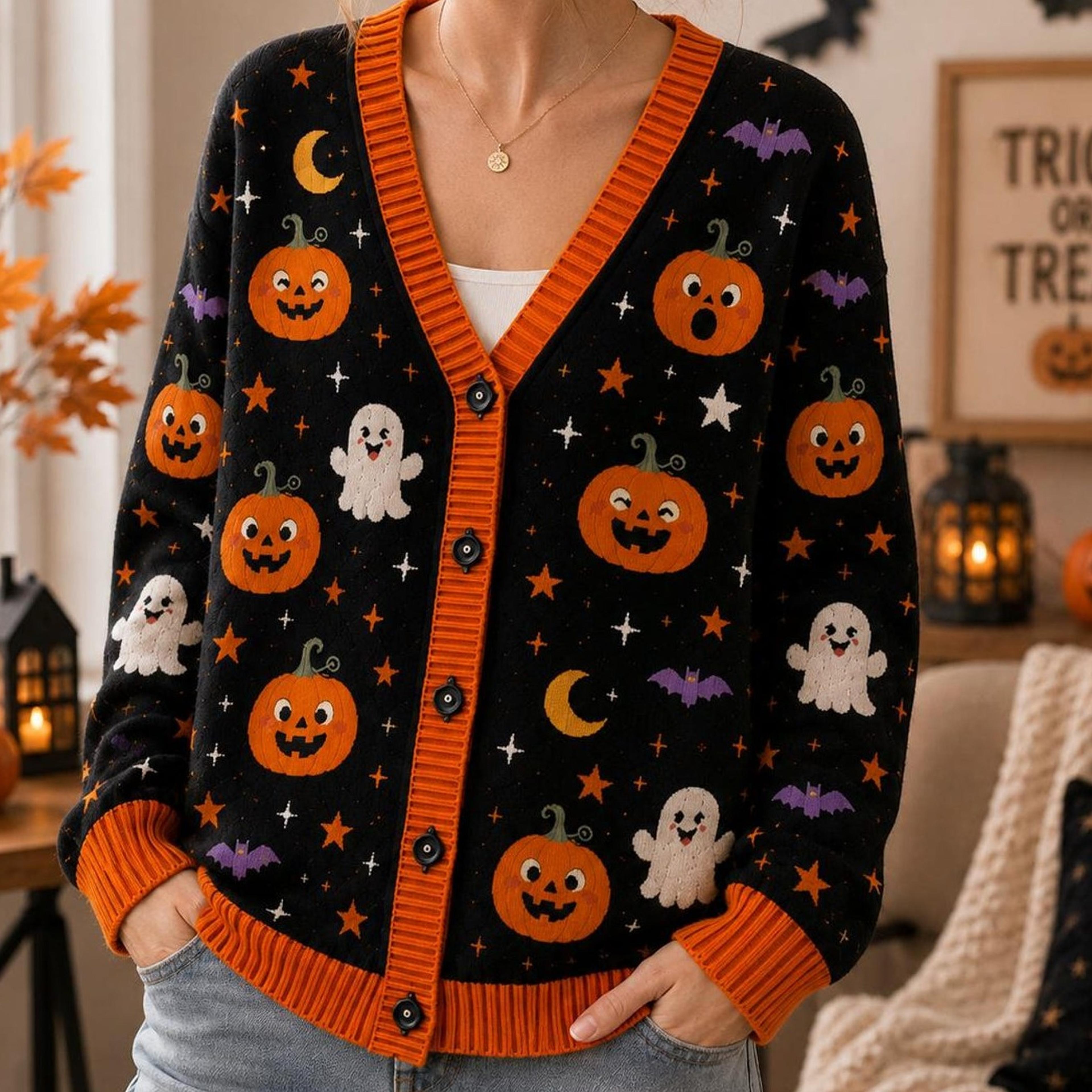 spooky halloween pumpkin unisex cardigan, ghost bat printed sweater, crescent moon fall outfit, cute halloween gift