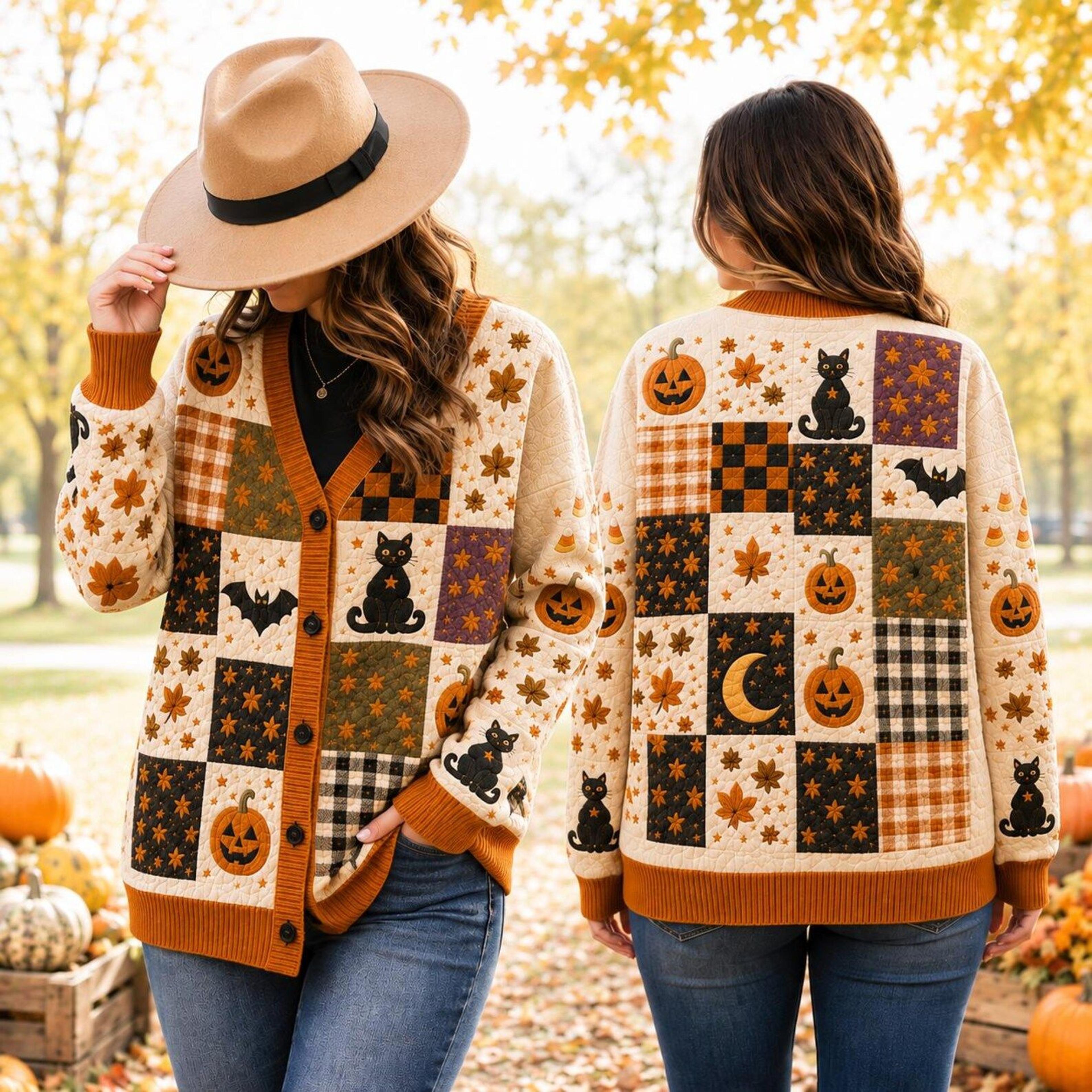 halloween black cat pumpkin unisex cardigan, patchwork printed sweater, bat candy corn fall outfit, spooky gift