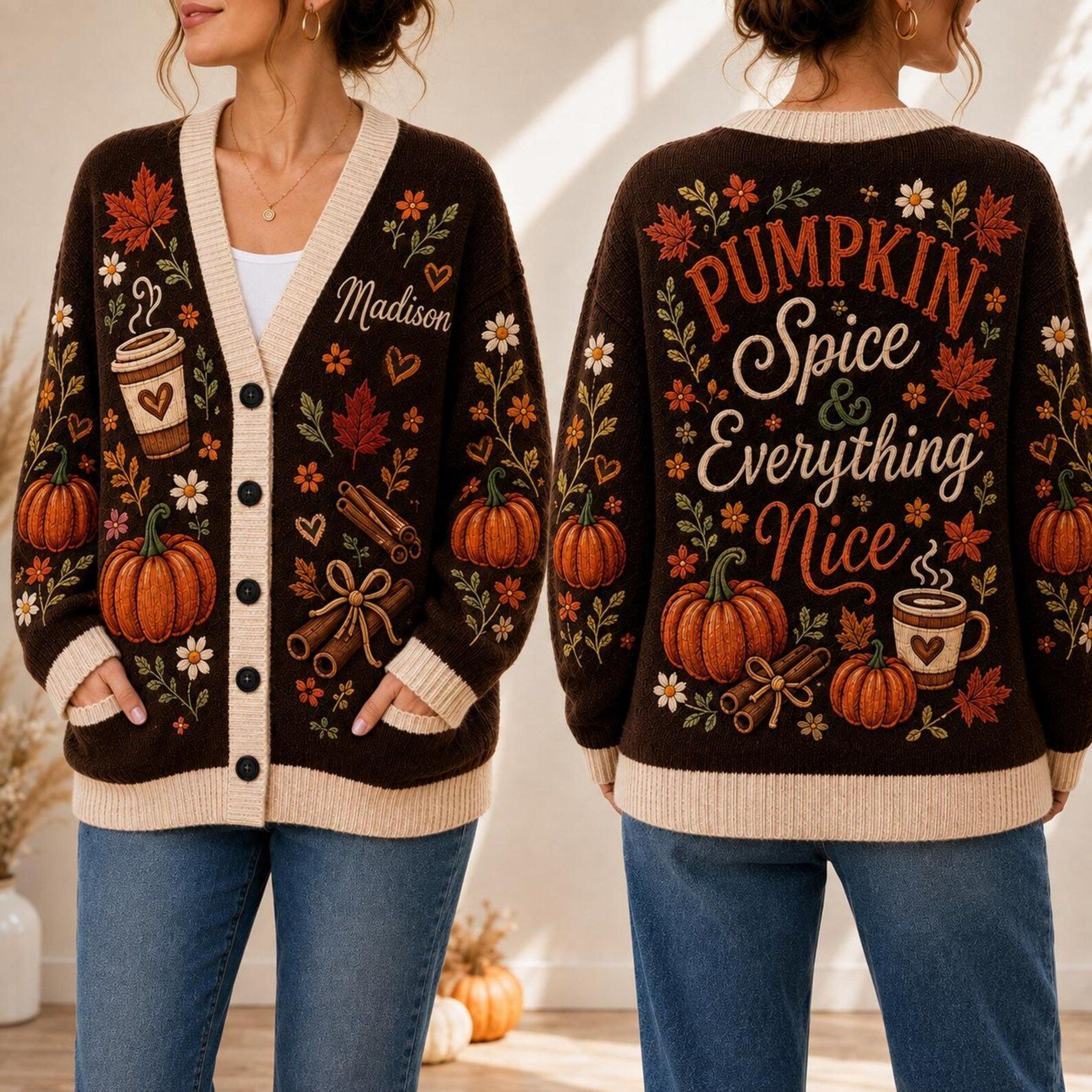personalized pumpkin spice unisex cardigan, fall coffee printed sweater, pumpkin autumn outfit, cozy thanksgiving gift