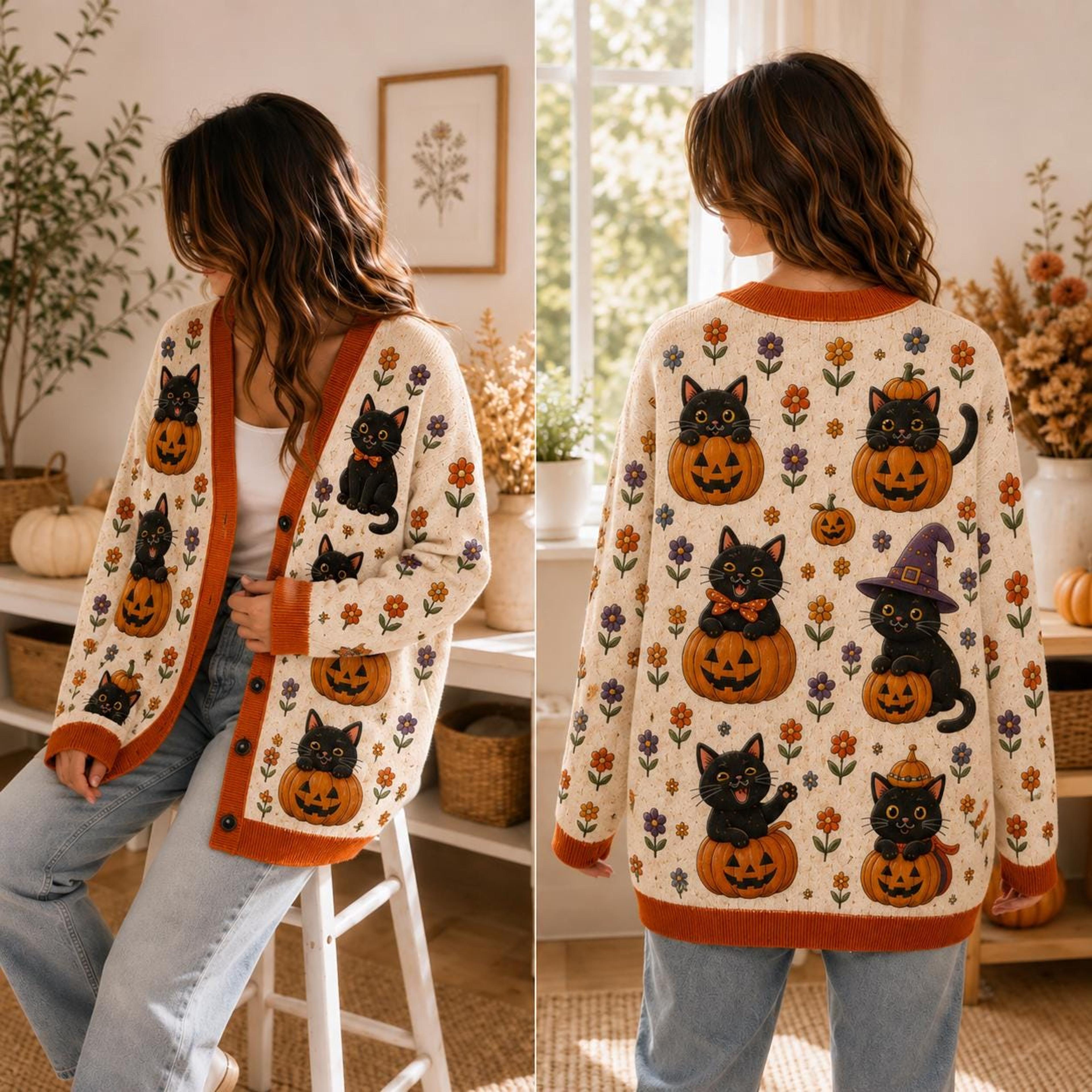 black cat pumpkin unisex cardigan, halloween printed sweater, floral fall knitwear, witchy cat outfit, spooky gift