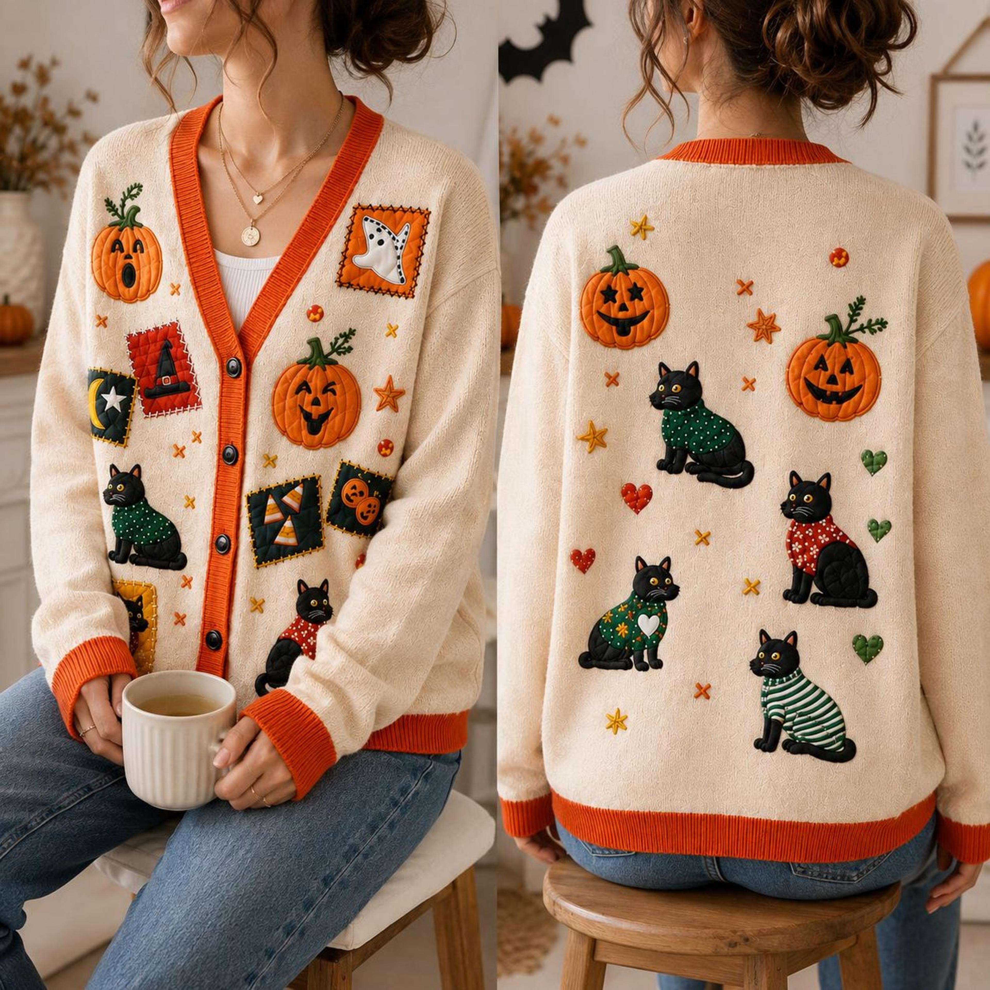 black cat pumpkin halloween unisex cardigan, spooky printed sweater, ghost witch fall outfit, cute cat lover gift