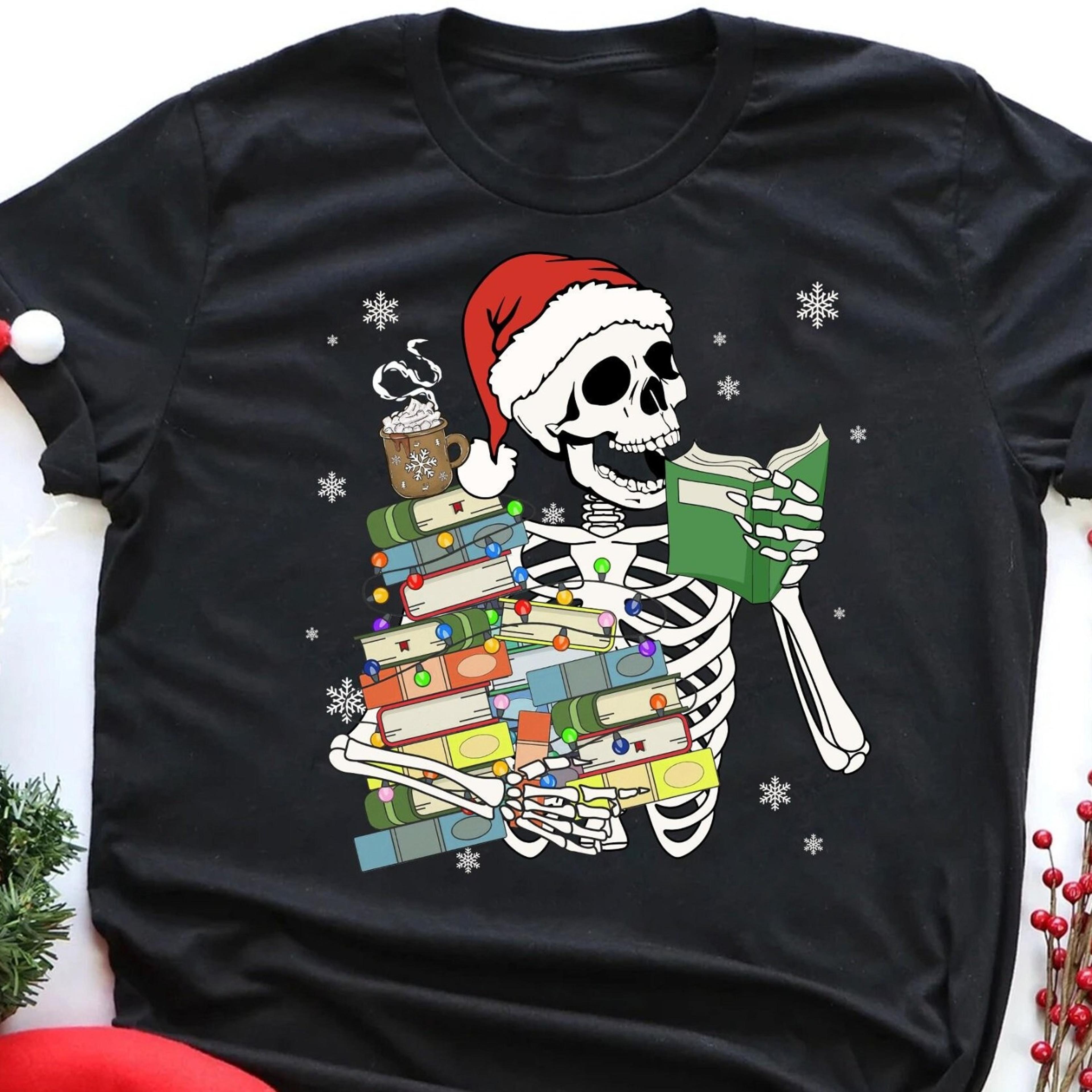 skeleton reading christmas t-shirt, dead inside but jollyfunny cozy graphic t-shirt