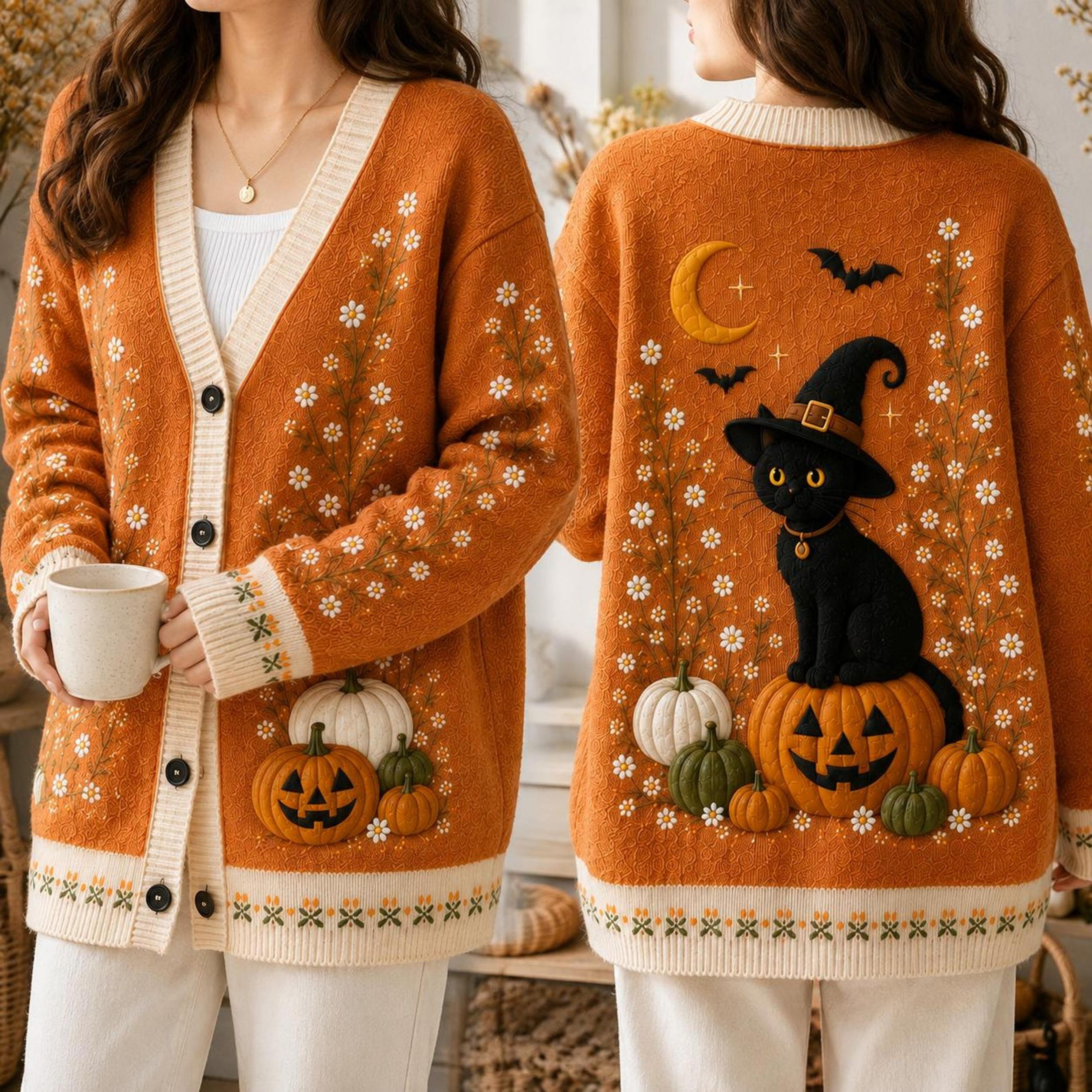 black cat pumpkin halloween unisex cardigan, witch hat printed sweater, daisy floral fall outfit, spooky cat gift