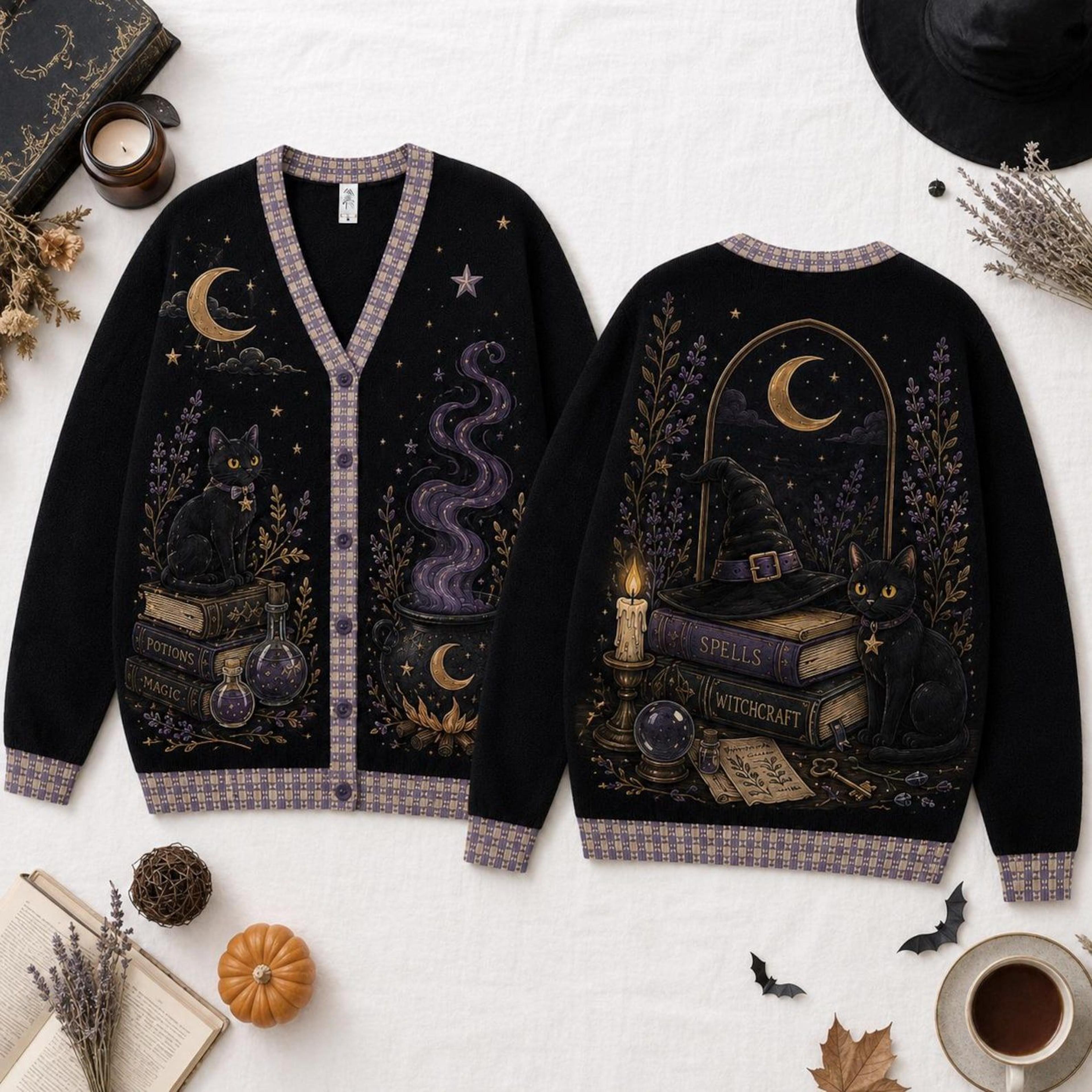 witchy halloween unisex cardigan, black cat spellbook printed sweater, celestial moon cauldron fall outfit, gothic gift