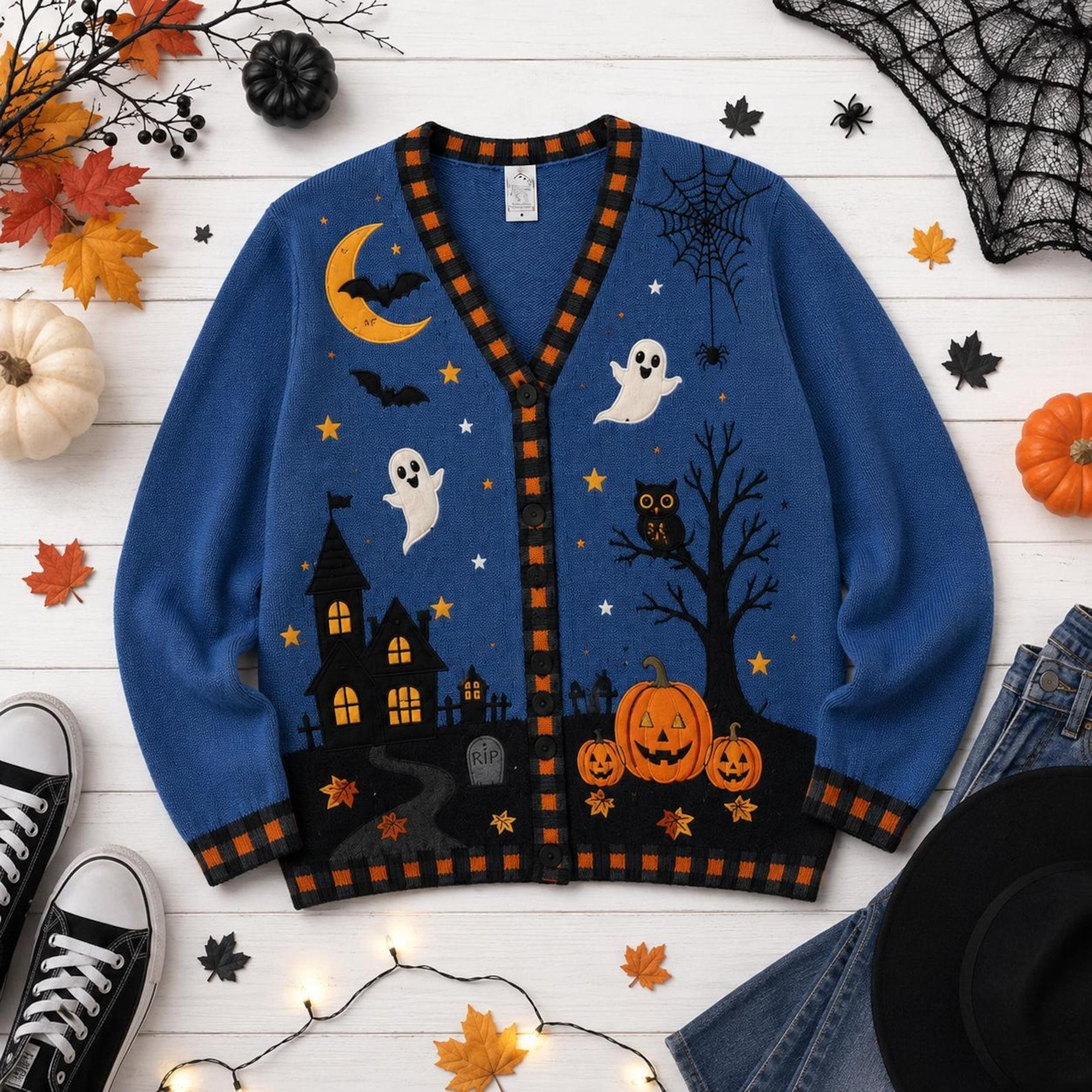 spooky halloween unisex cardigan, cute ghost pumpkin sweater, haunted house v neck fall outfit, gothic gift