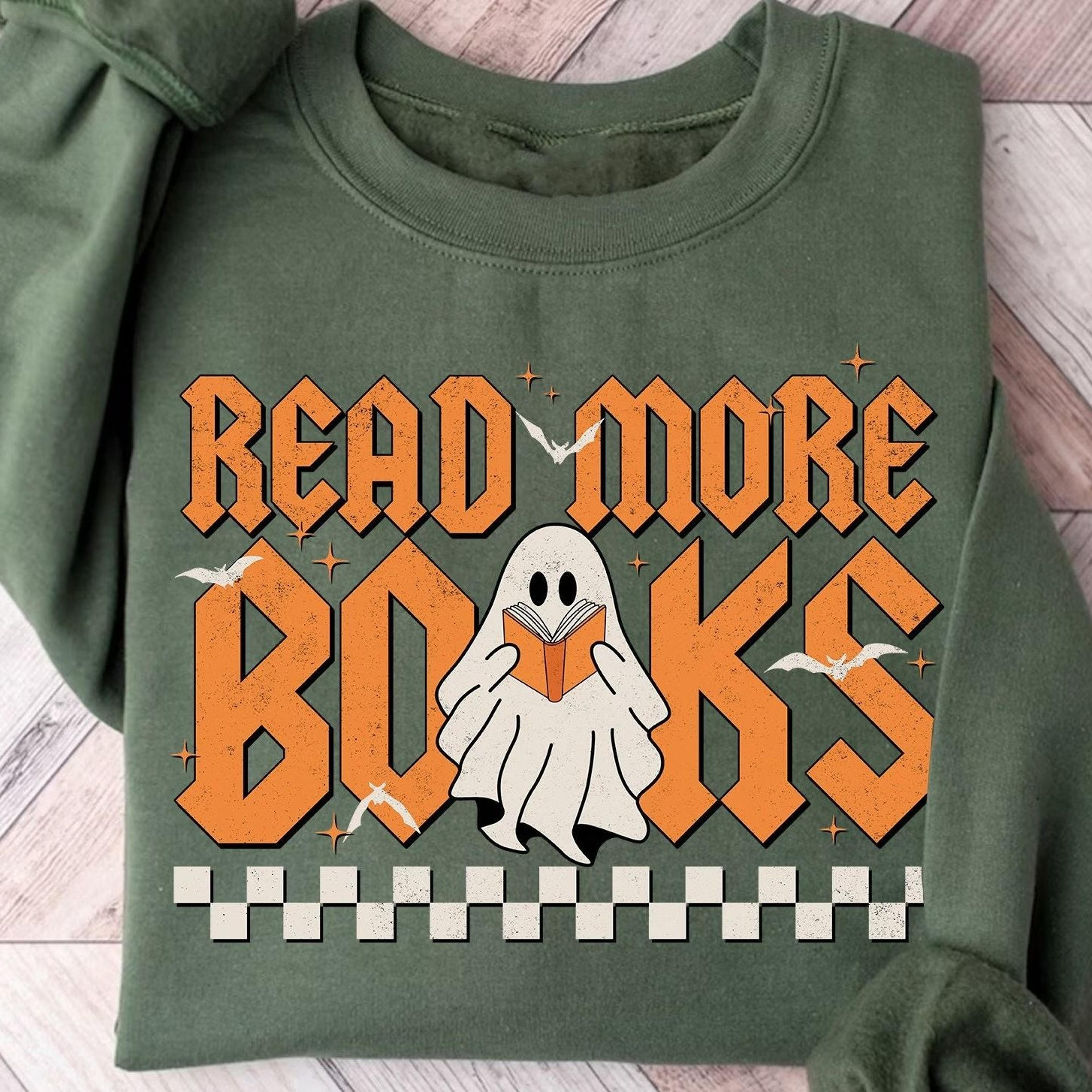 read more books halloween shirt spooky teacher ghost book lover tee retro literary ghost graphic t-shirt