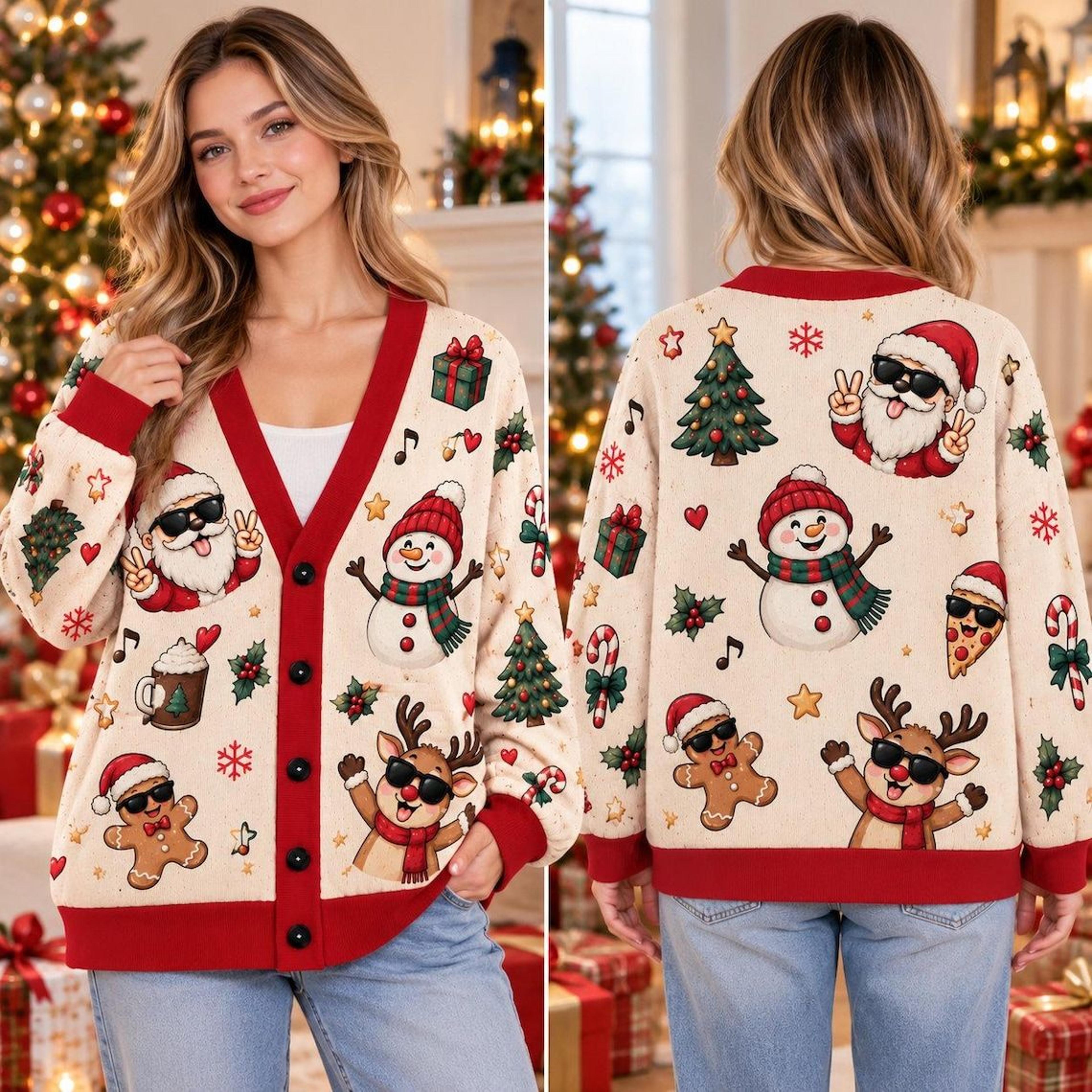 christmas unisex cardigan, santa snowman reindeer sweater, festive holiday all over print, cozy winter gift