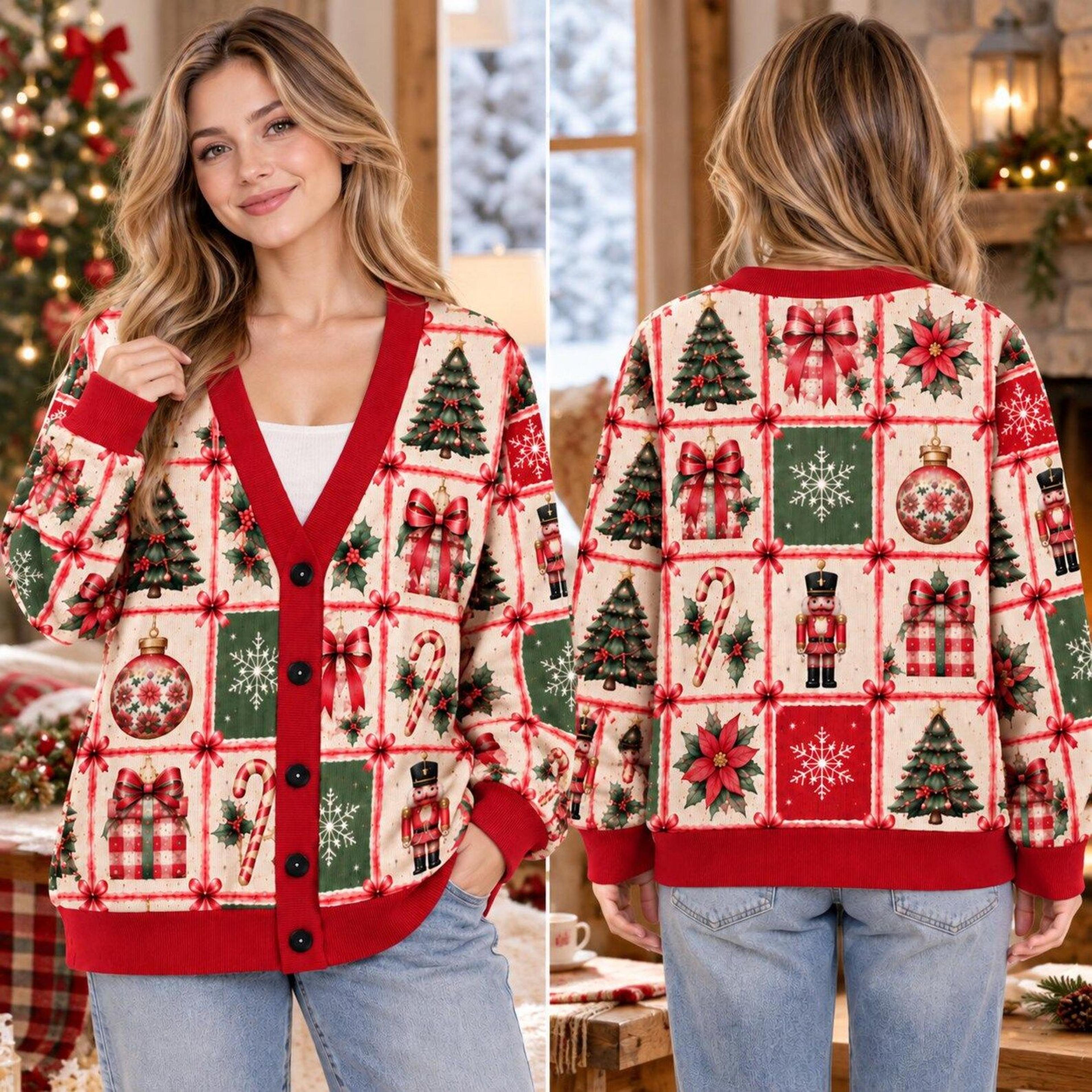 christmas unisex cardigan, nutcracker tree snowflake sweater, holiday all over print, festive winter gift