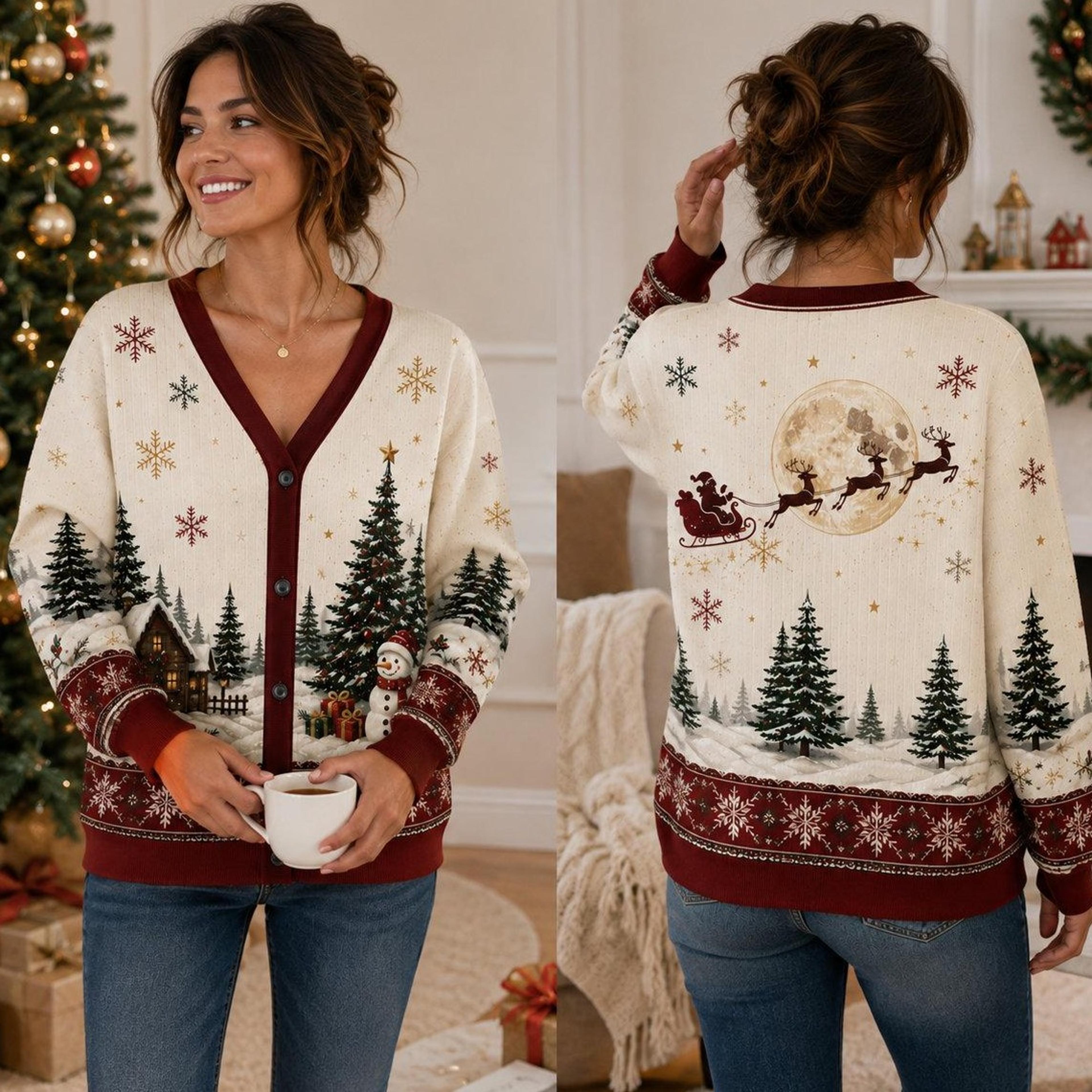 christmas unisex cardigan, santa reindeer snowflake sweater, winter cabin print, holiday v neck gift