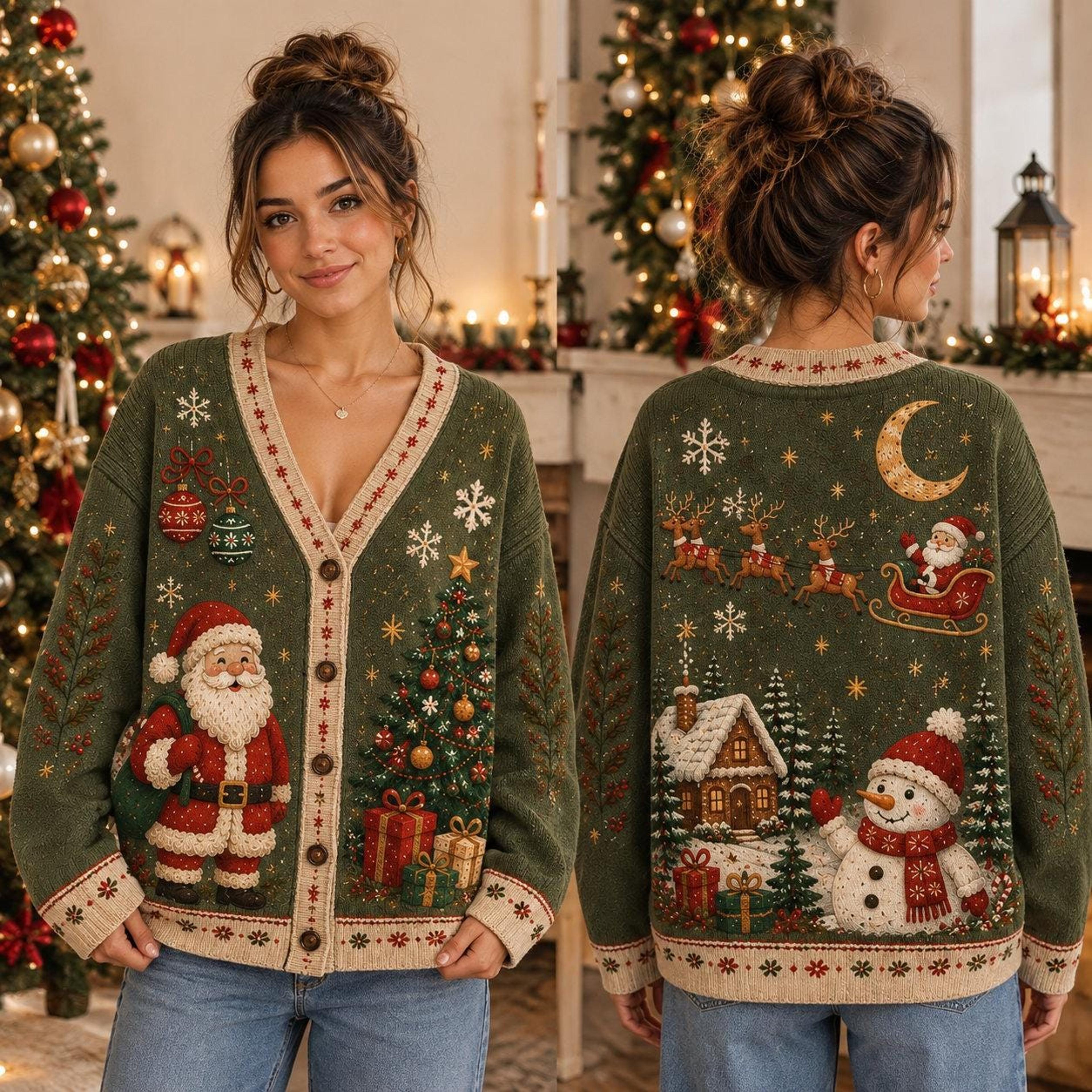 christmas unisex cardigan, santa snowman reindeer sweater, christmas tree holiday print, cozy winter gift