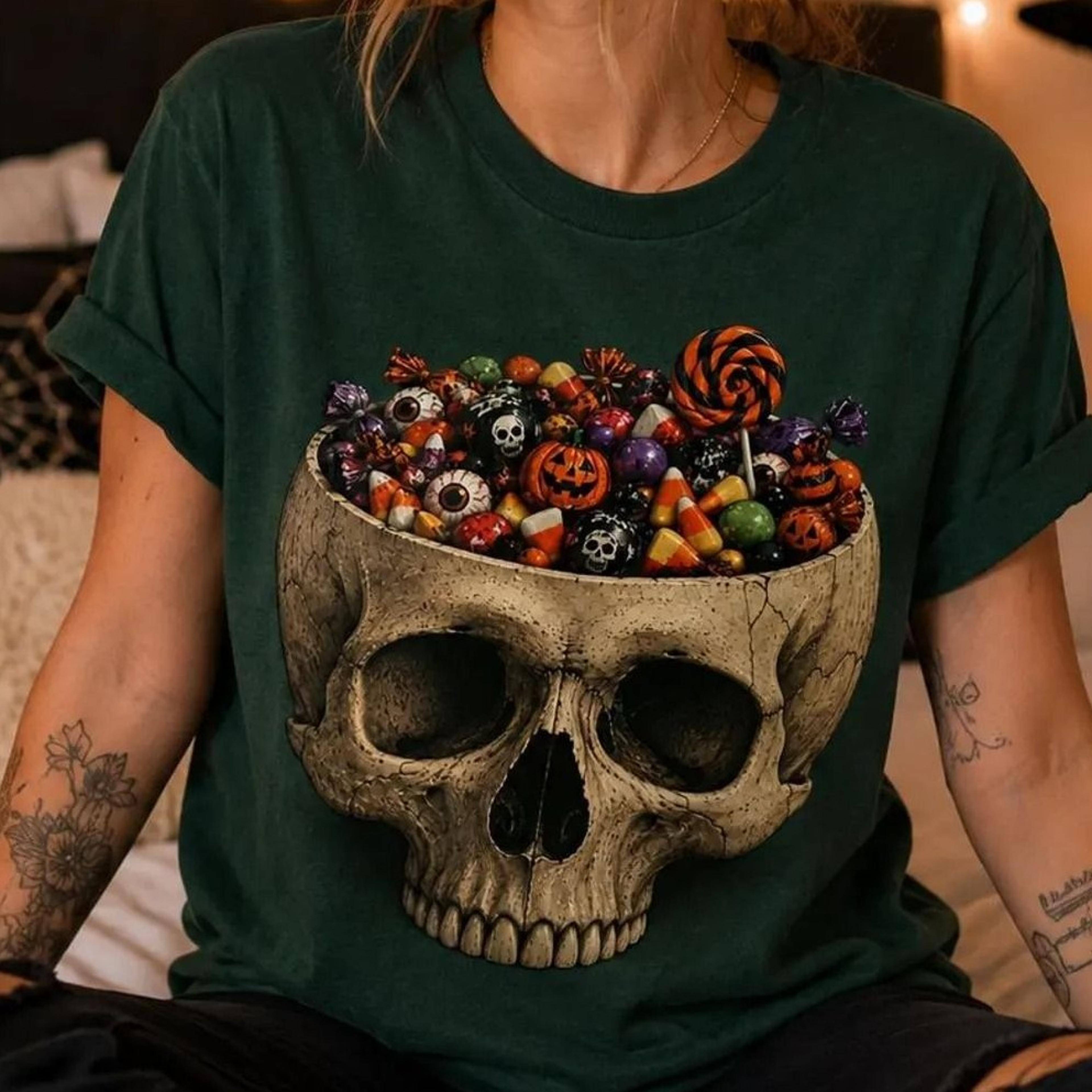 halloween skull candy bowl graphic tee | spooky gothic cotton unisex shirt