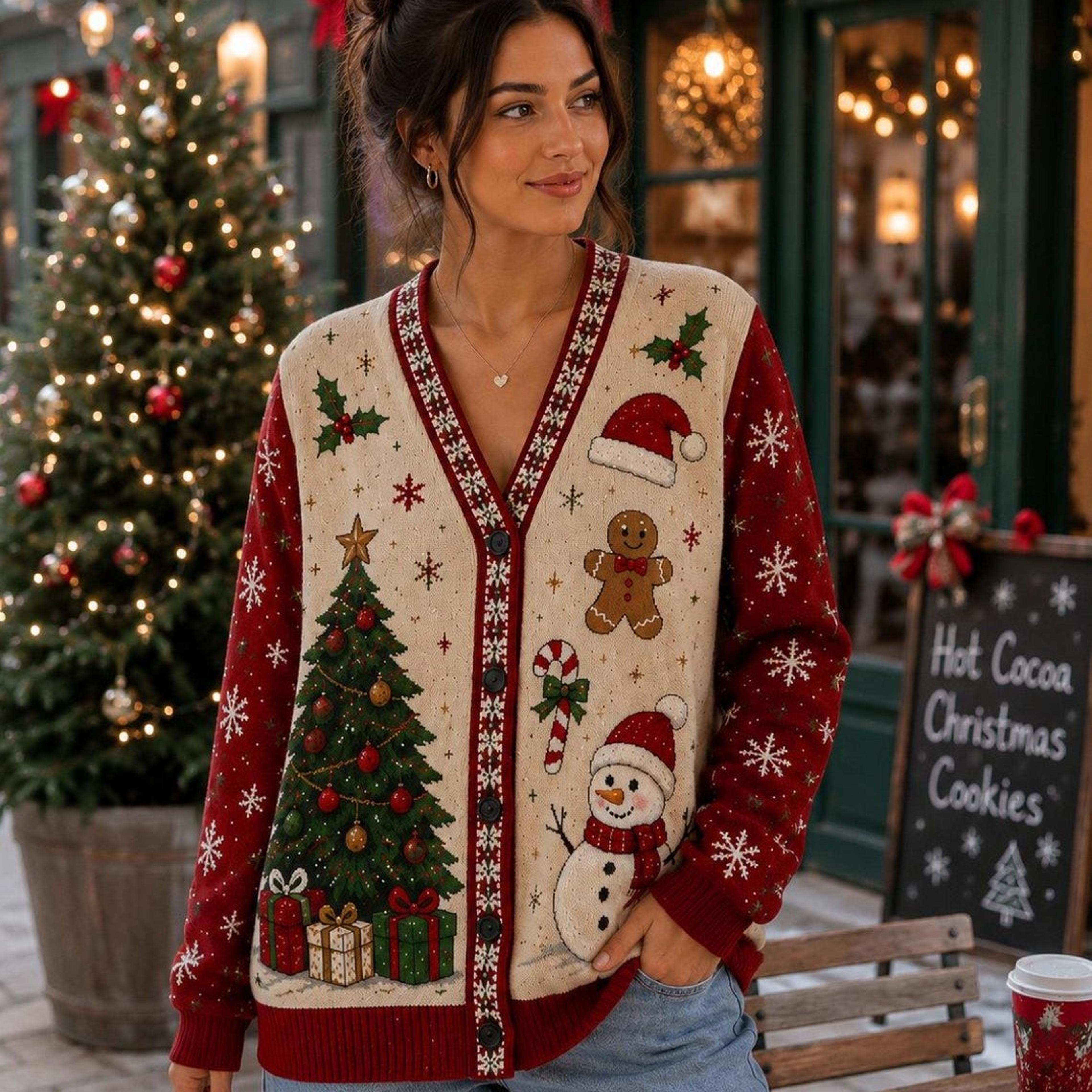 christmas unisex cardigan, vintage santa snowman sweater, reindeer tree holiday print, cozy winter gift
