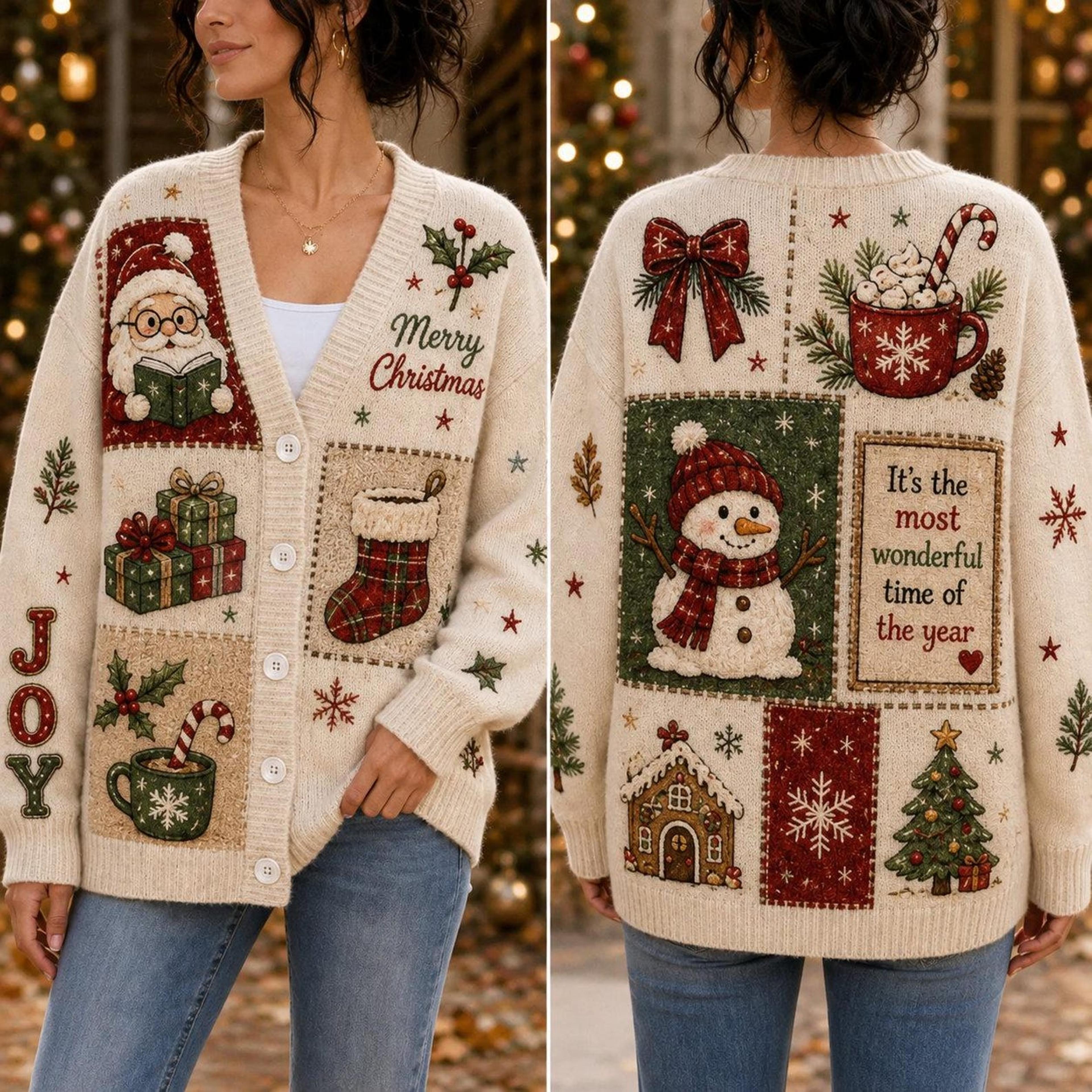 christmas unisex cardigan, santa snowman sweater, gingerbread tree holiday print, vintage festive winter gift