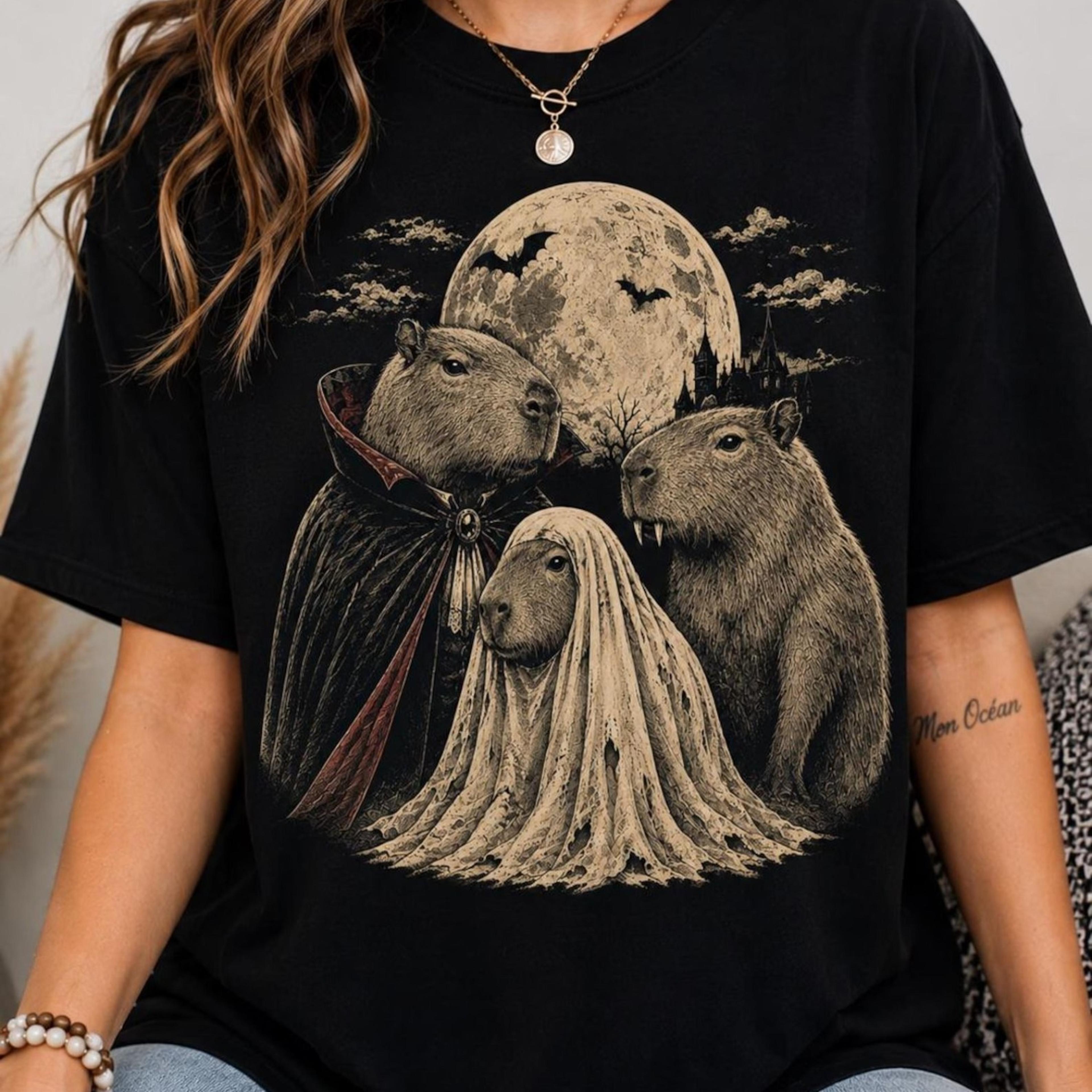 vintage capybara halloween shirt, vampire ghost retro graphic tee