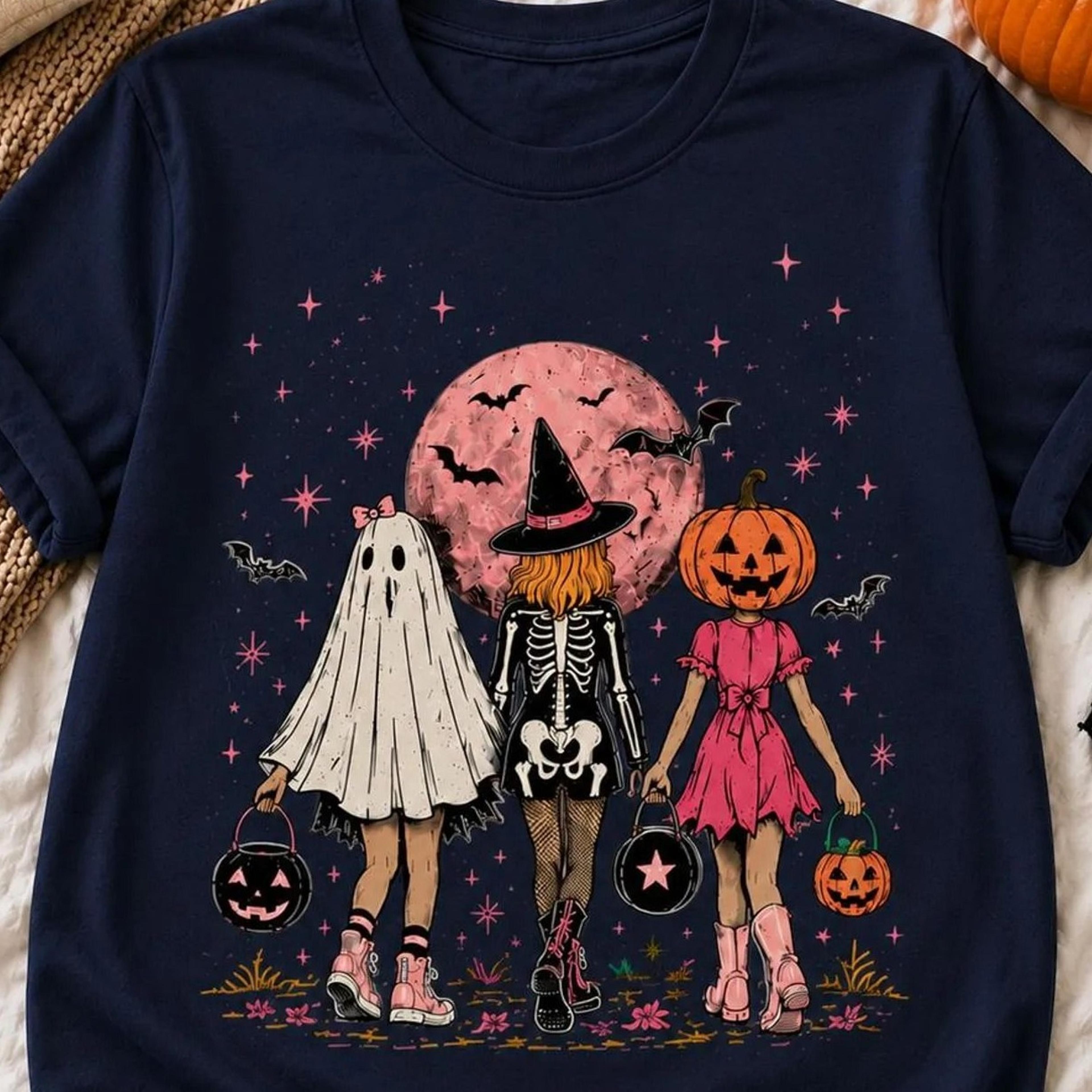 girls halloween graphic tee – ghost, witch, pumpkin friends trick or treat shirt