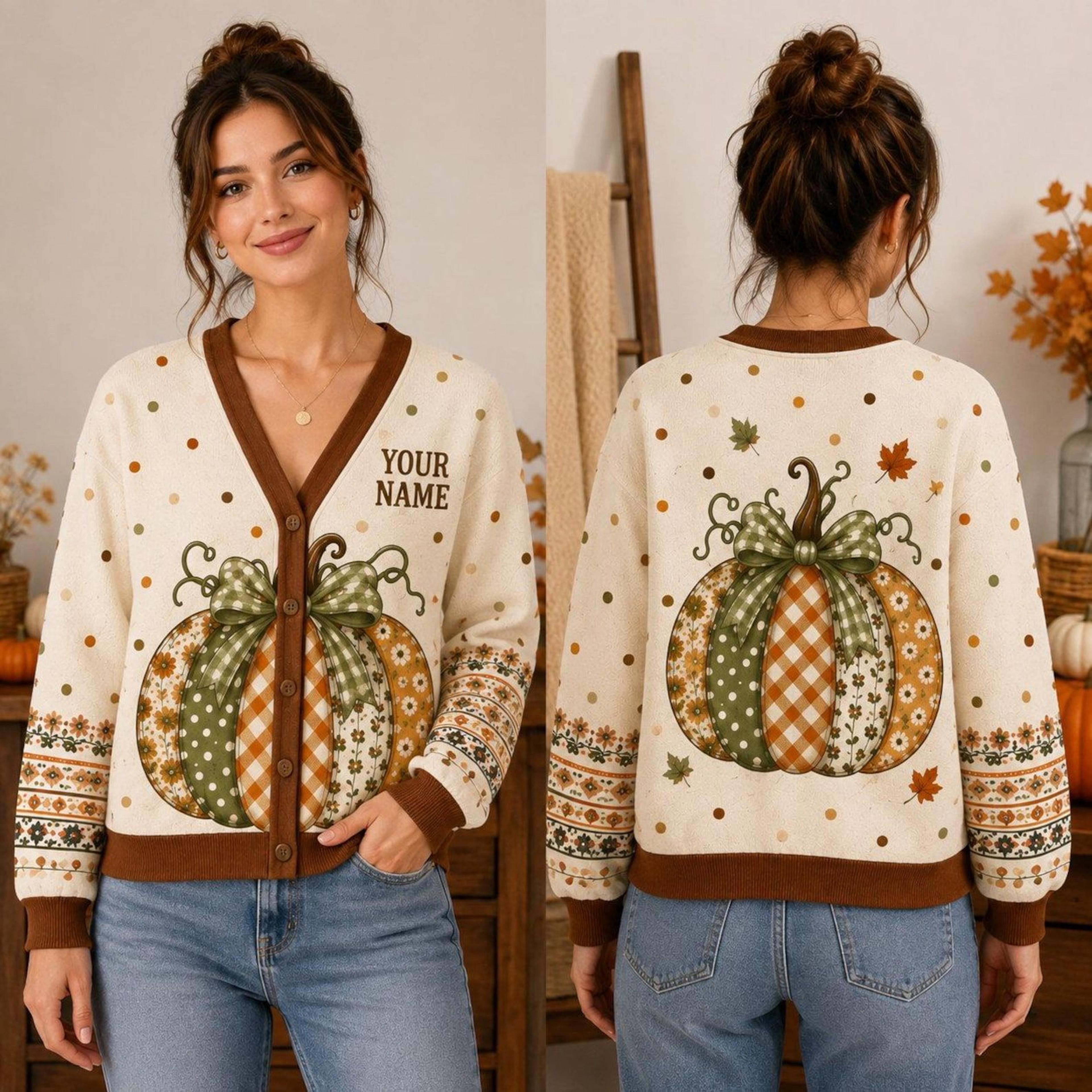 personalized pumpkin unisex cardigan, custom name fall sweater, autumn pumpkin print, thanksgiving gift