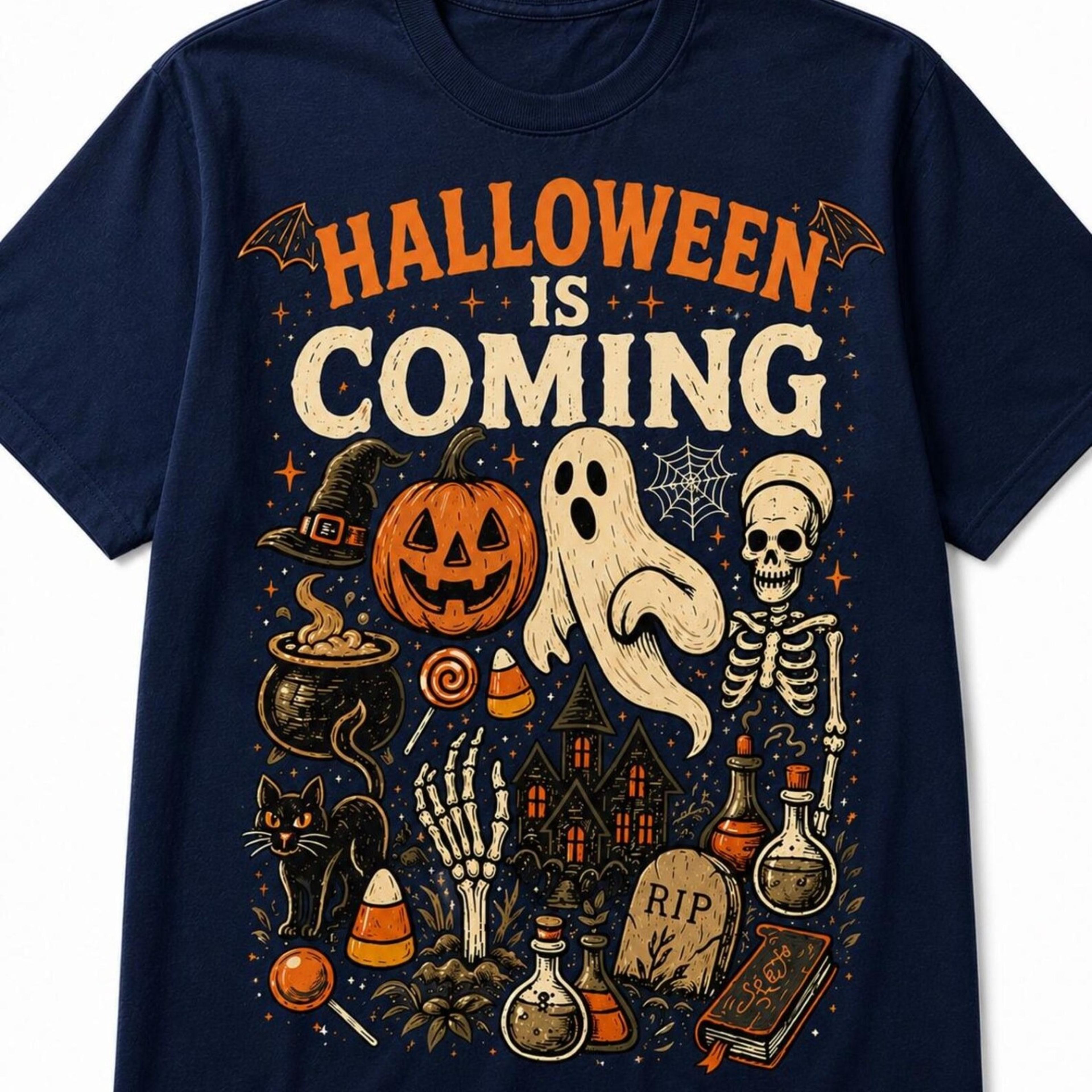 vintage halloween graphic tee | ghost, pumpkin, skeleton haunted house shirt