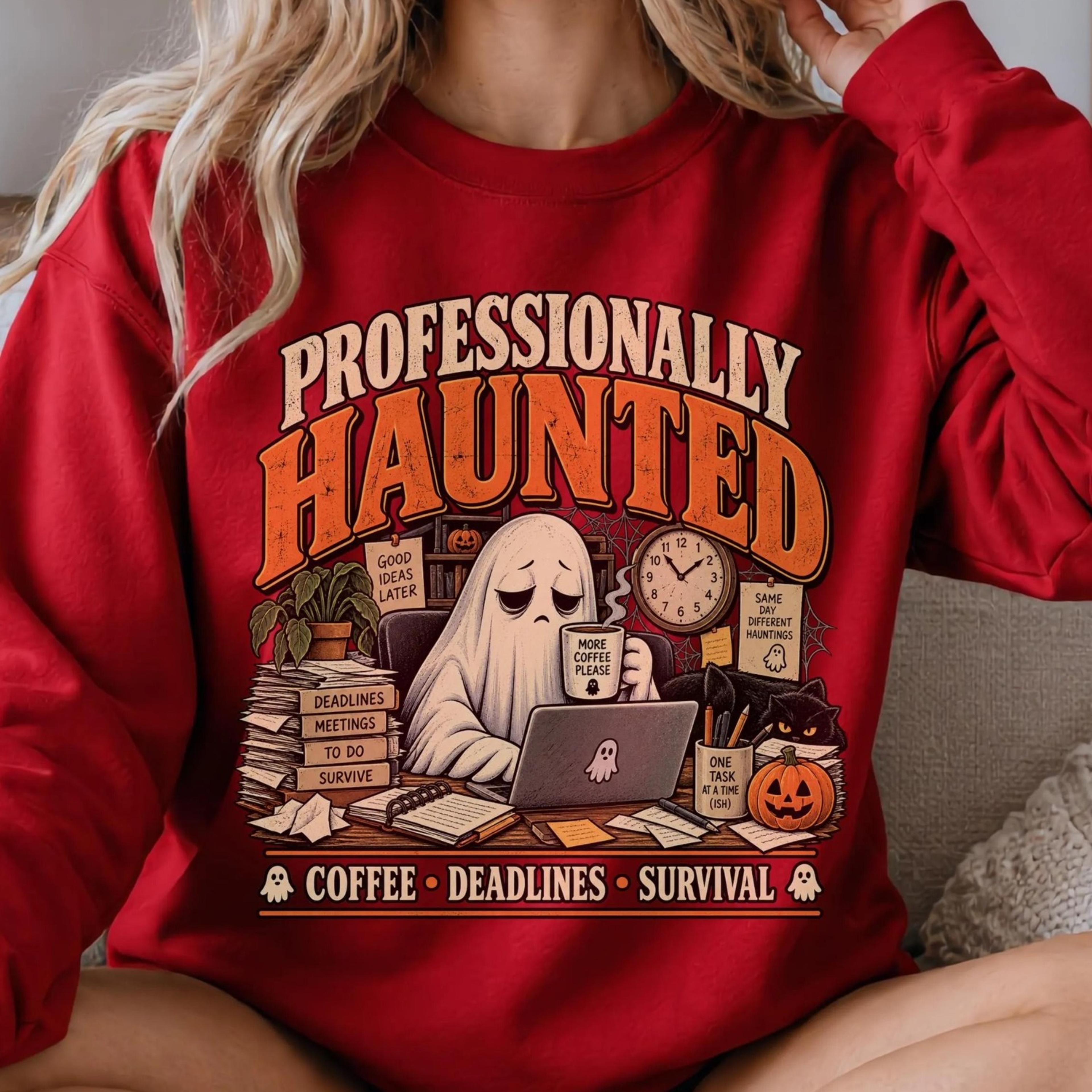 professionally haunted shirt, funny halloween work shirt, ghost coffee shirt, office humor tee, burnout coworker gift
