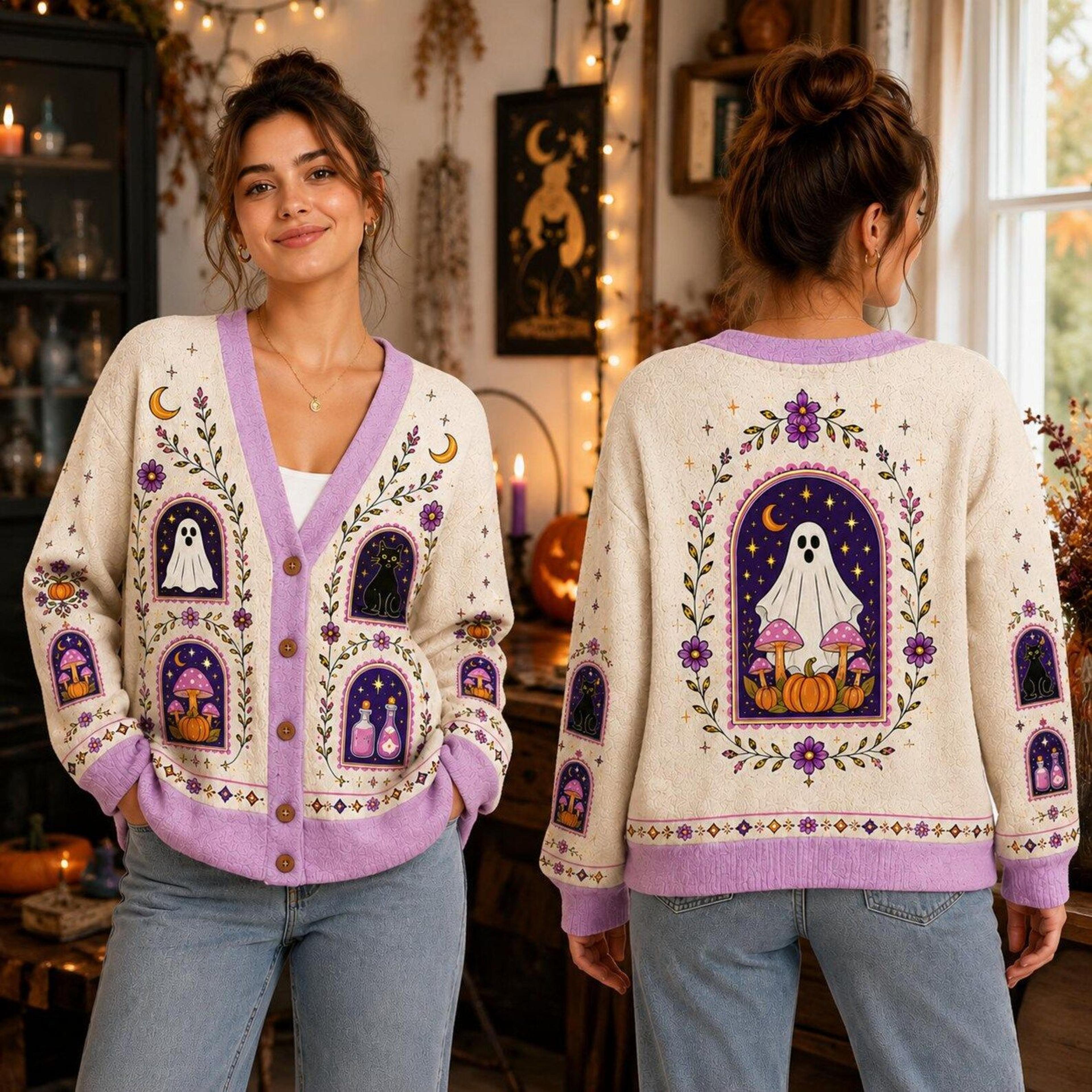 halloween gothic unisex cardigan, ghost black cat pumpkin sweater, witchy mushroom potion print, spooky fall gift